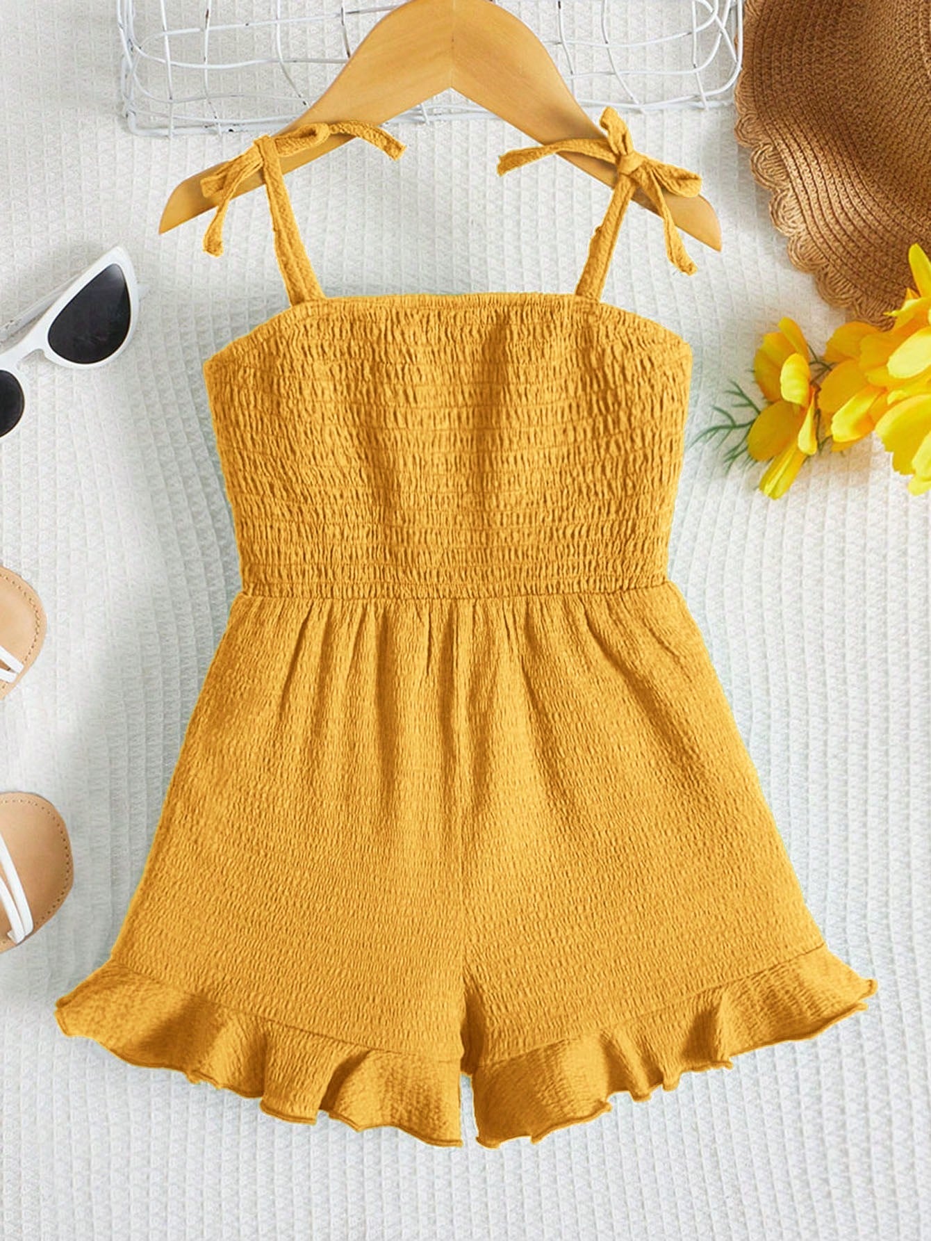 Young Girl Toddler Girls Tie Shoulder Ruffle Hem Cami Romper