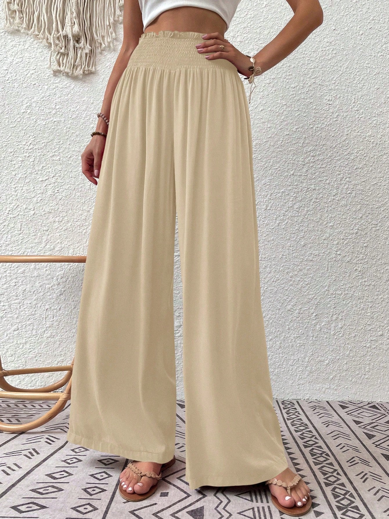 Shirred Waist Wide Leg Pants