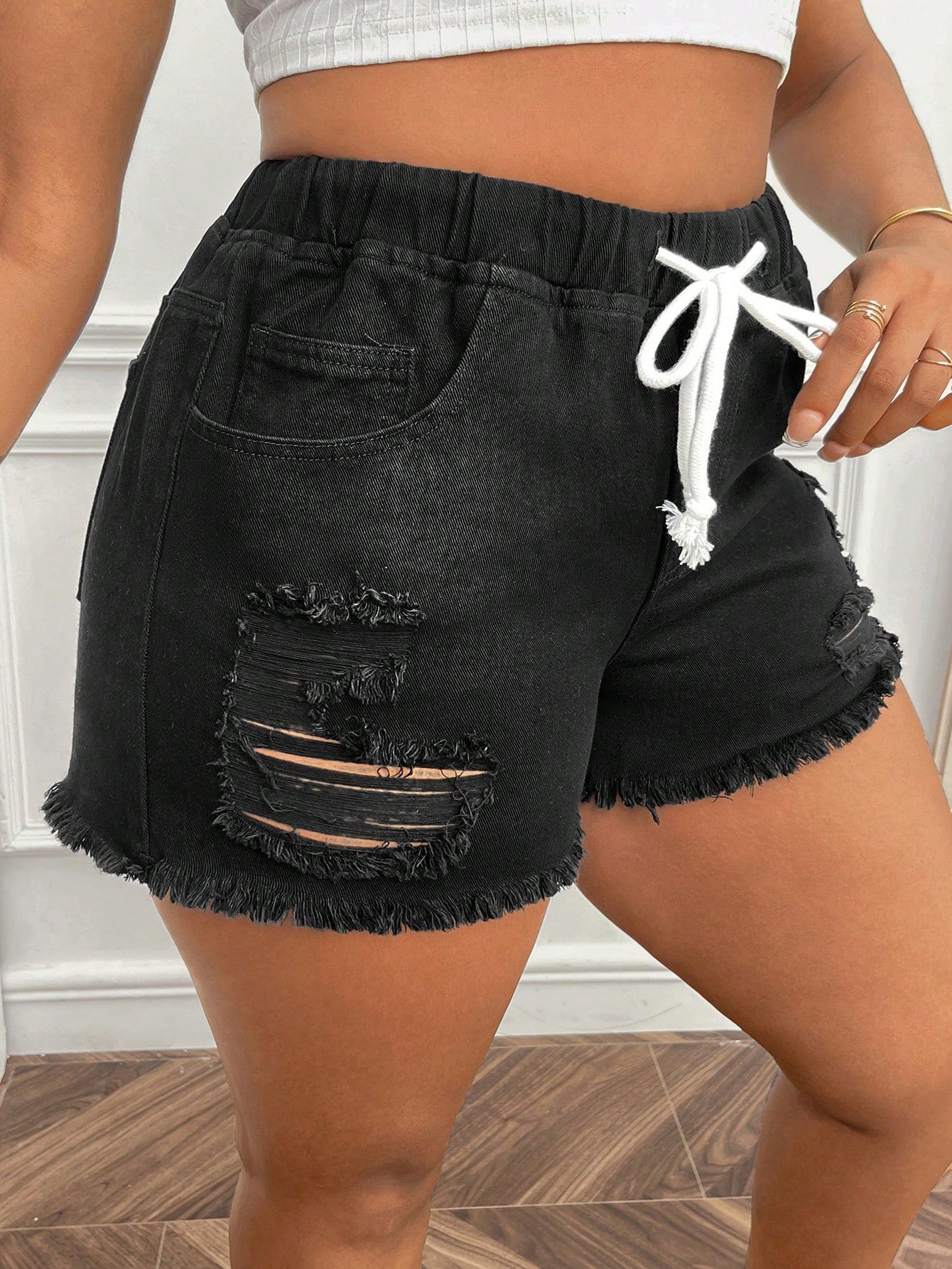 Plus Ripped Raw Cut Tie Front Denim Shorts