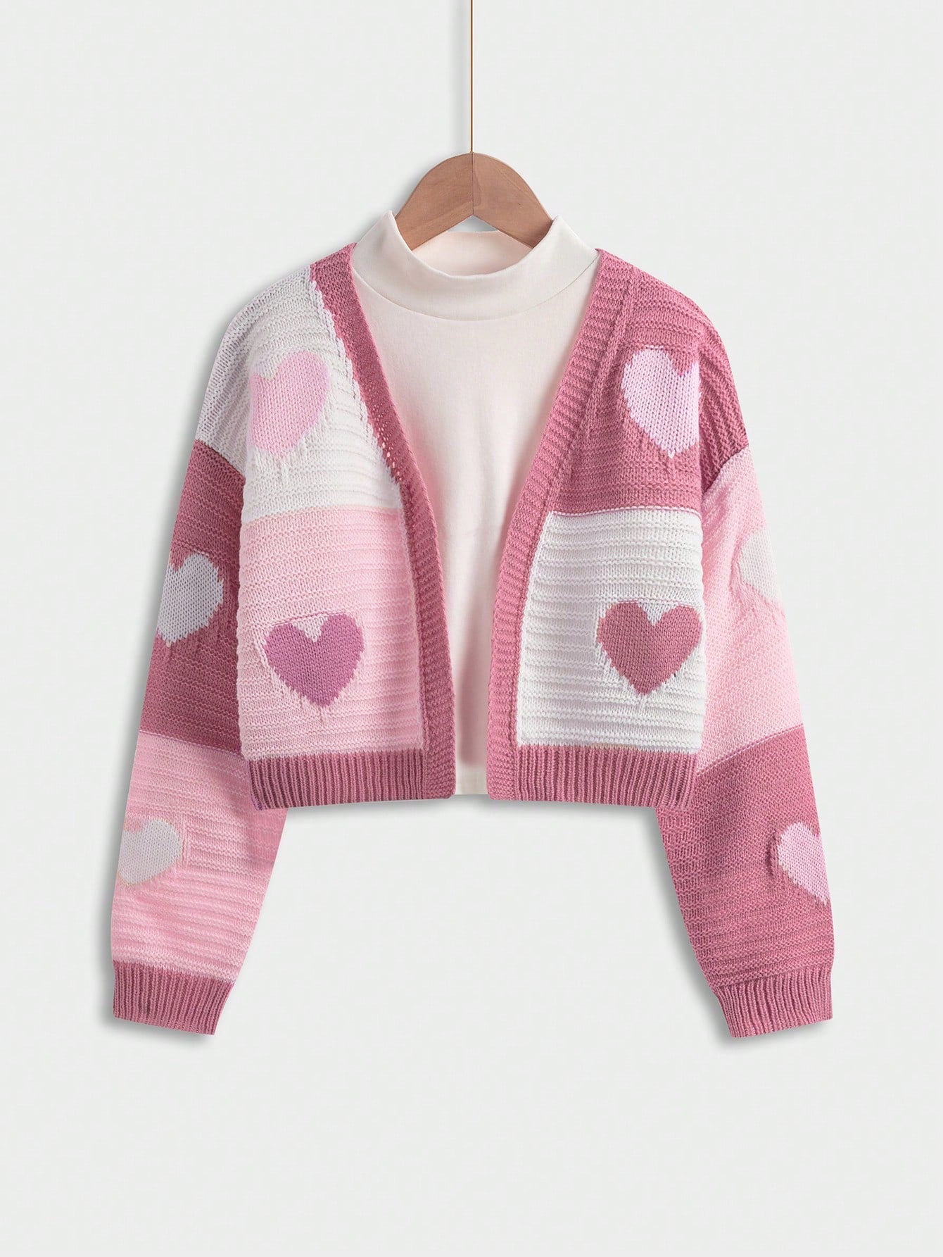 Tween Girl 1pc Heart Pattern Drop Shoulder Duster Cardigan