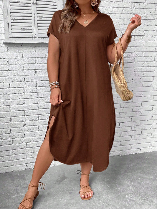 Plus Solid Batwing Sleeve Split Hem Dress