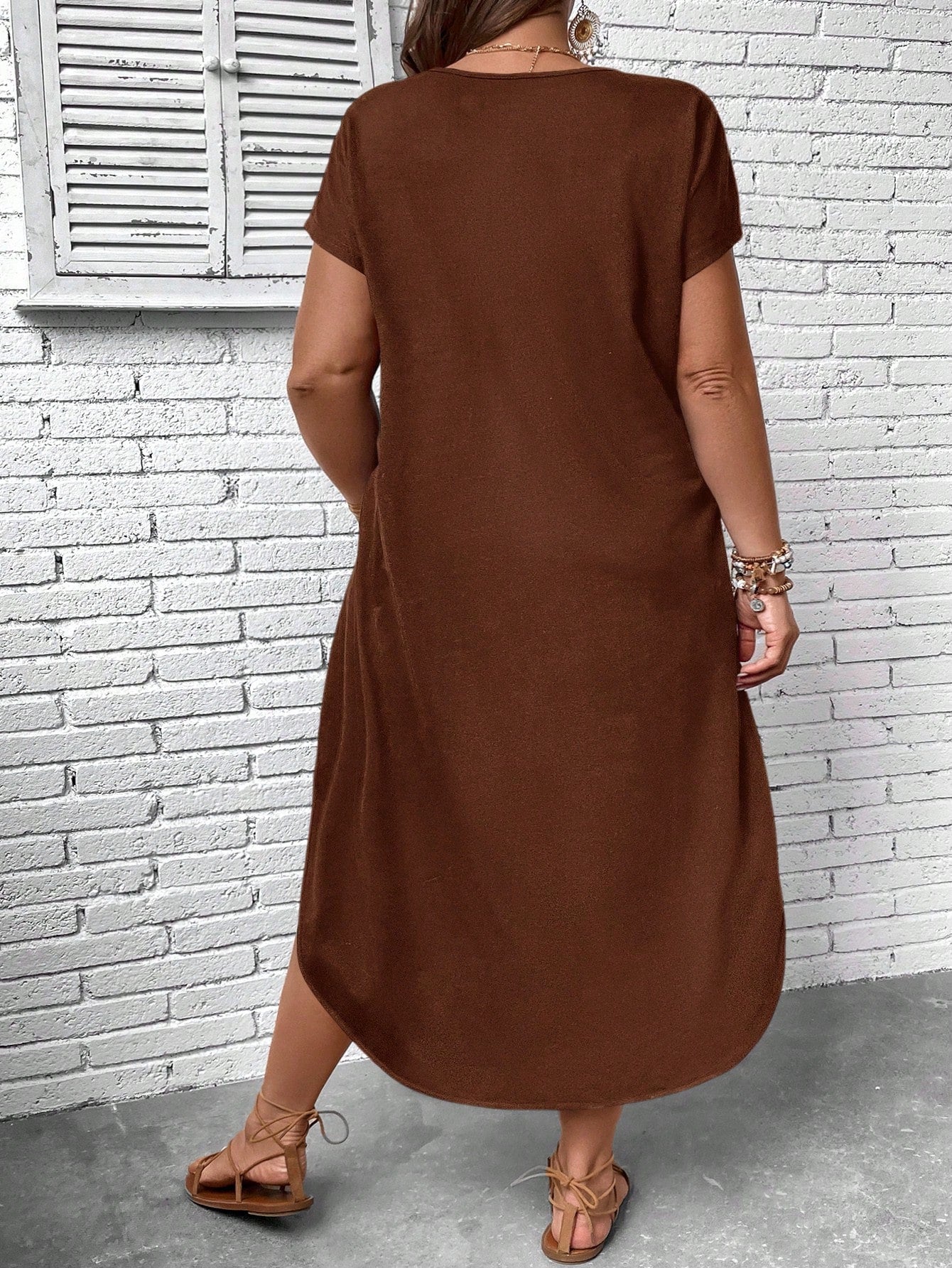 Plus Solid Batwing Sleeve Split Hem Dress