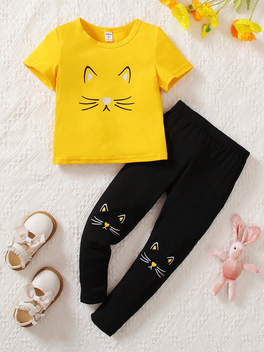 2点セット 女の子用 猫プリント クルーネック 半袖 コットン Tシャツと黒猫プリント カジュアルパンツ 快適でファッショナブルな春夏服