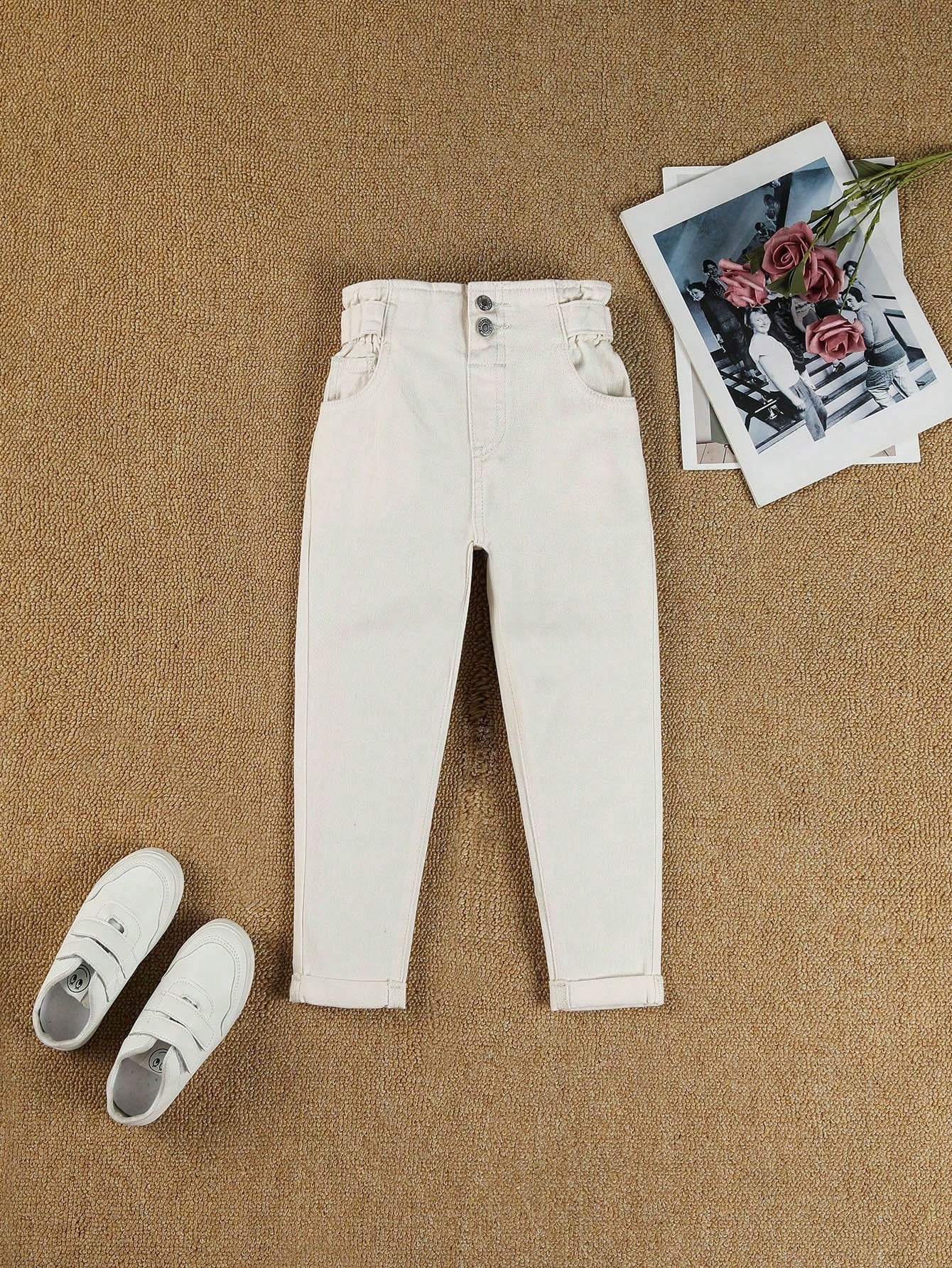 Young Girl All-Match Floral Waist Denim Jeans For School And Fashion