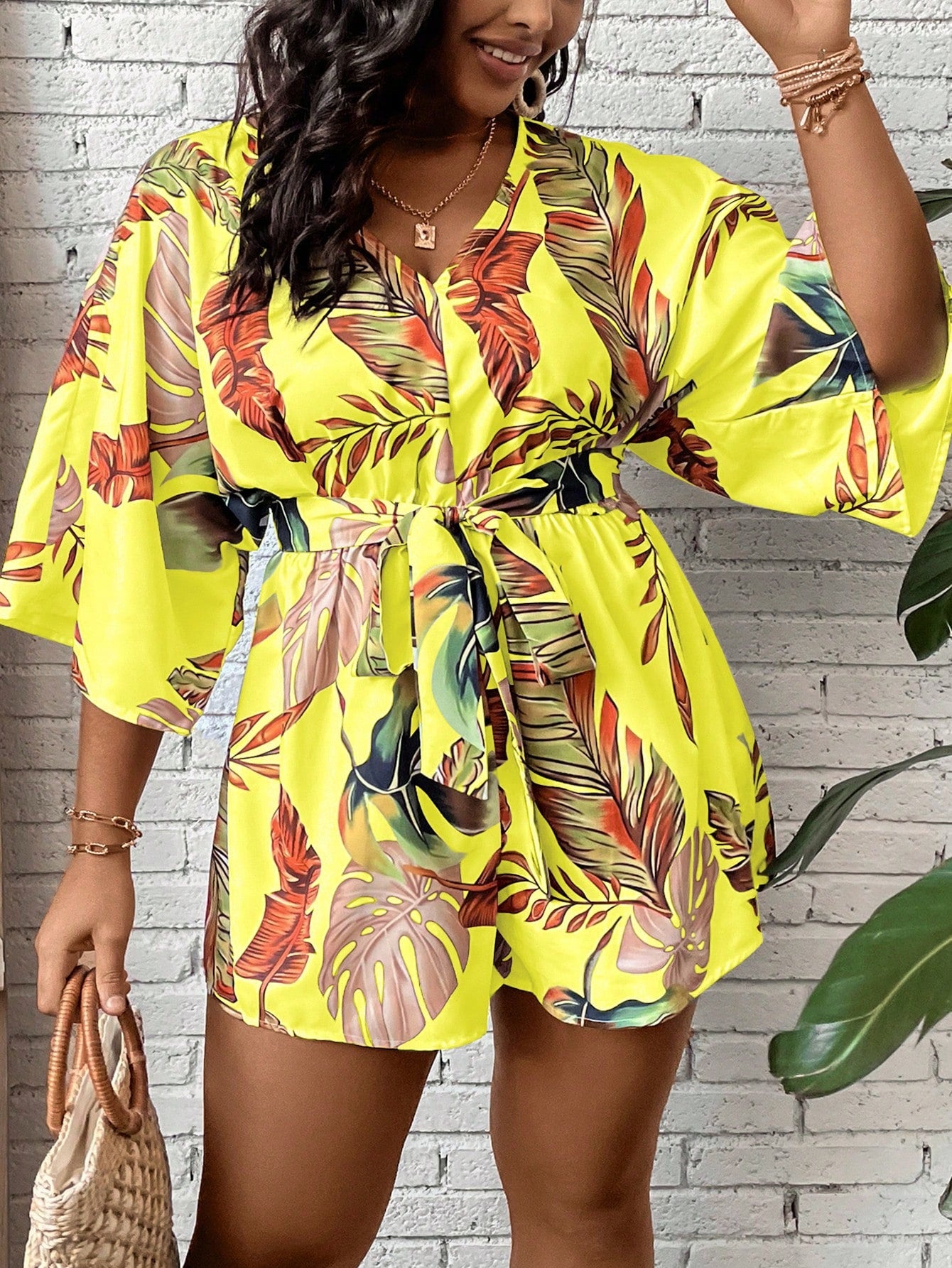 Plus Tropical Print Batwing Sleeve Belted Romper