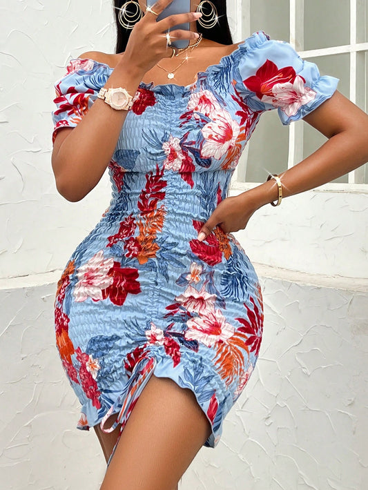 Floral Print Drawstring Front Ruffle Hem Bardot Bodycon Dress