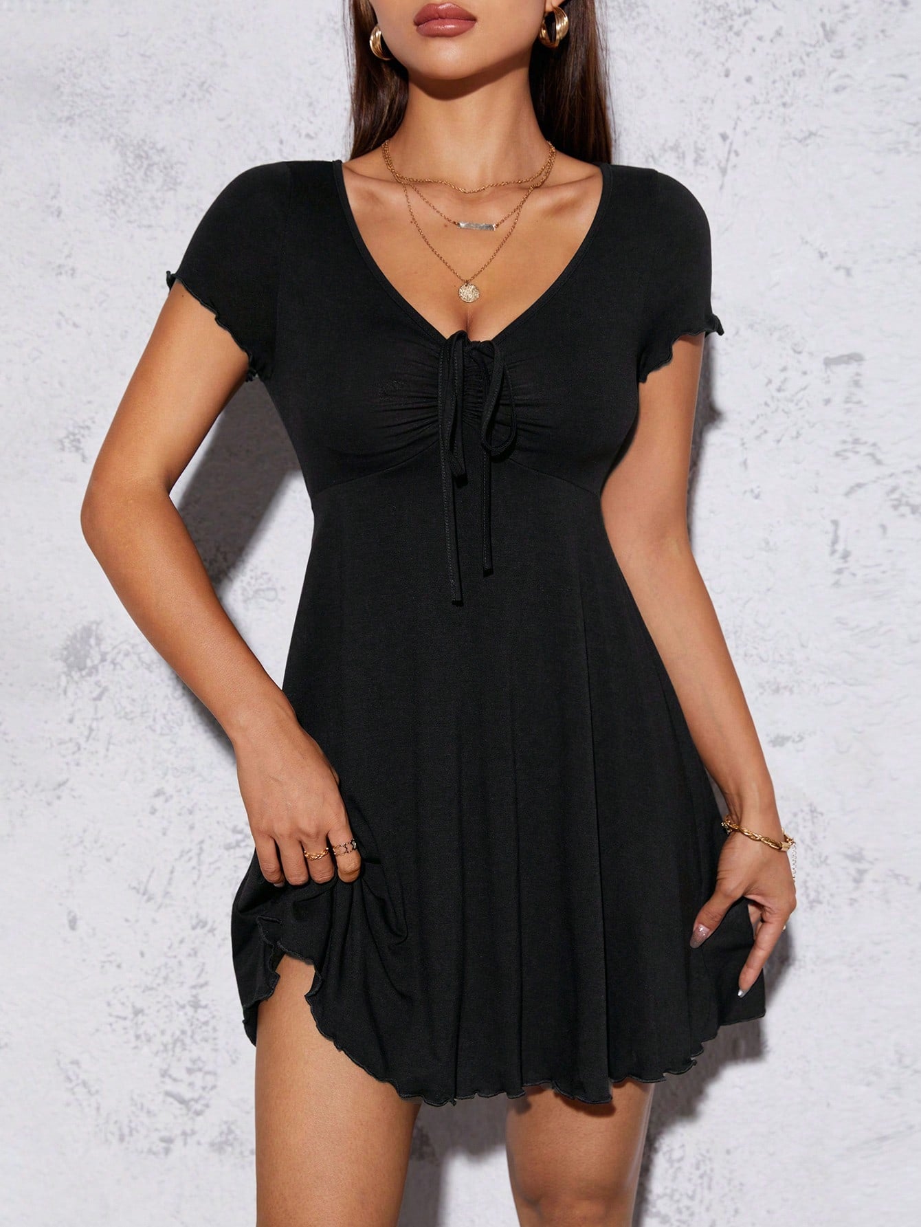 Lettuce Trim Drawstring Knot Front Summer Women Outfit Black Dress