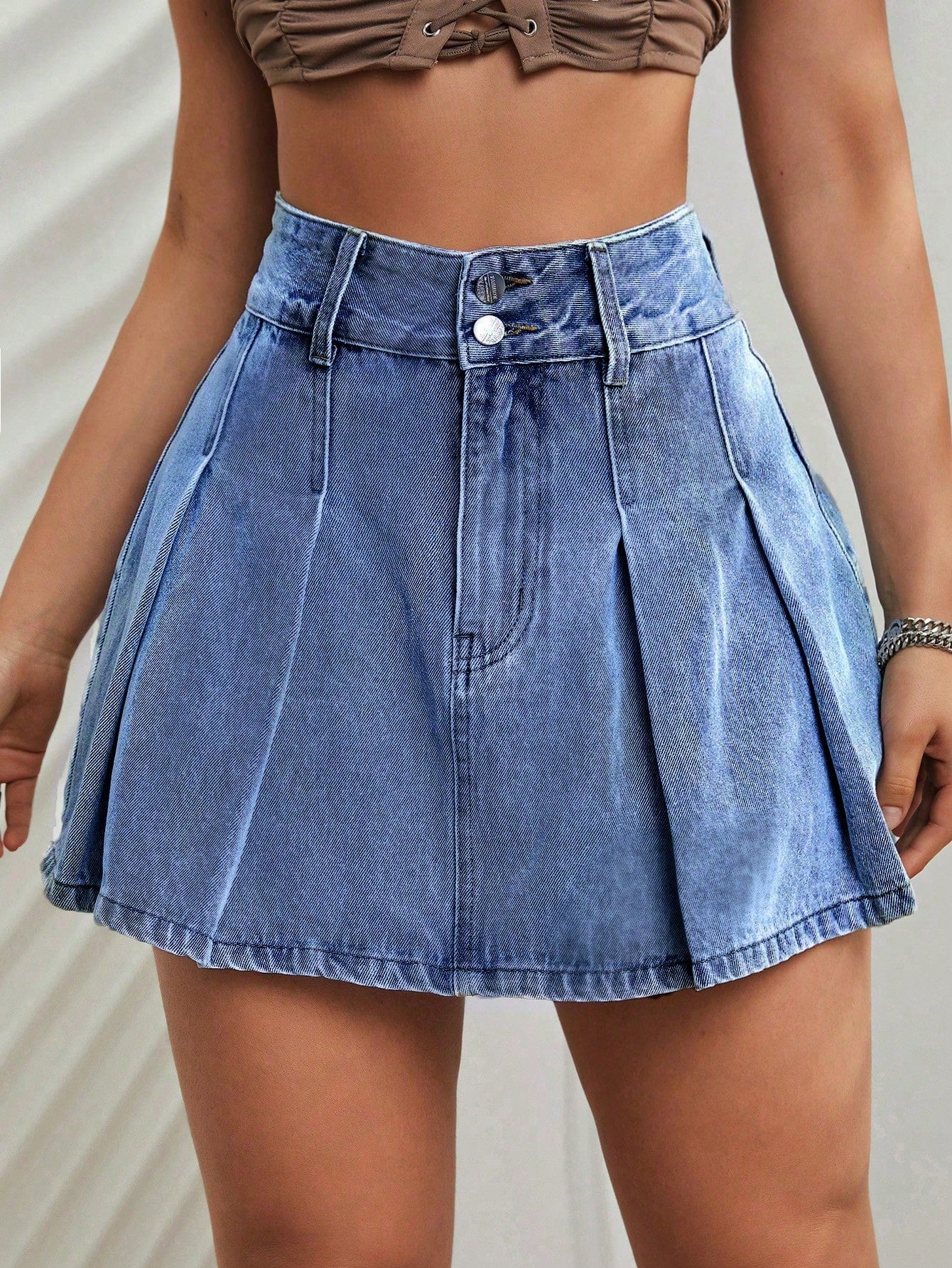 Pleated Denim Skirt