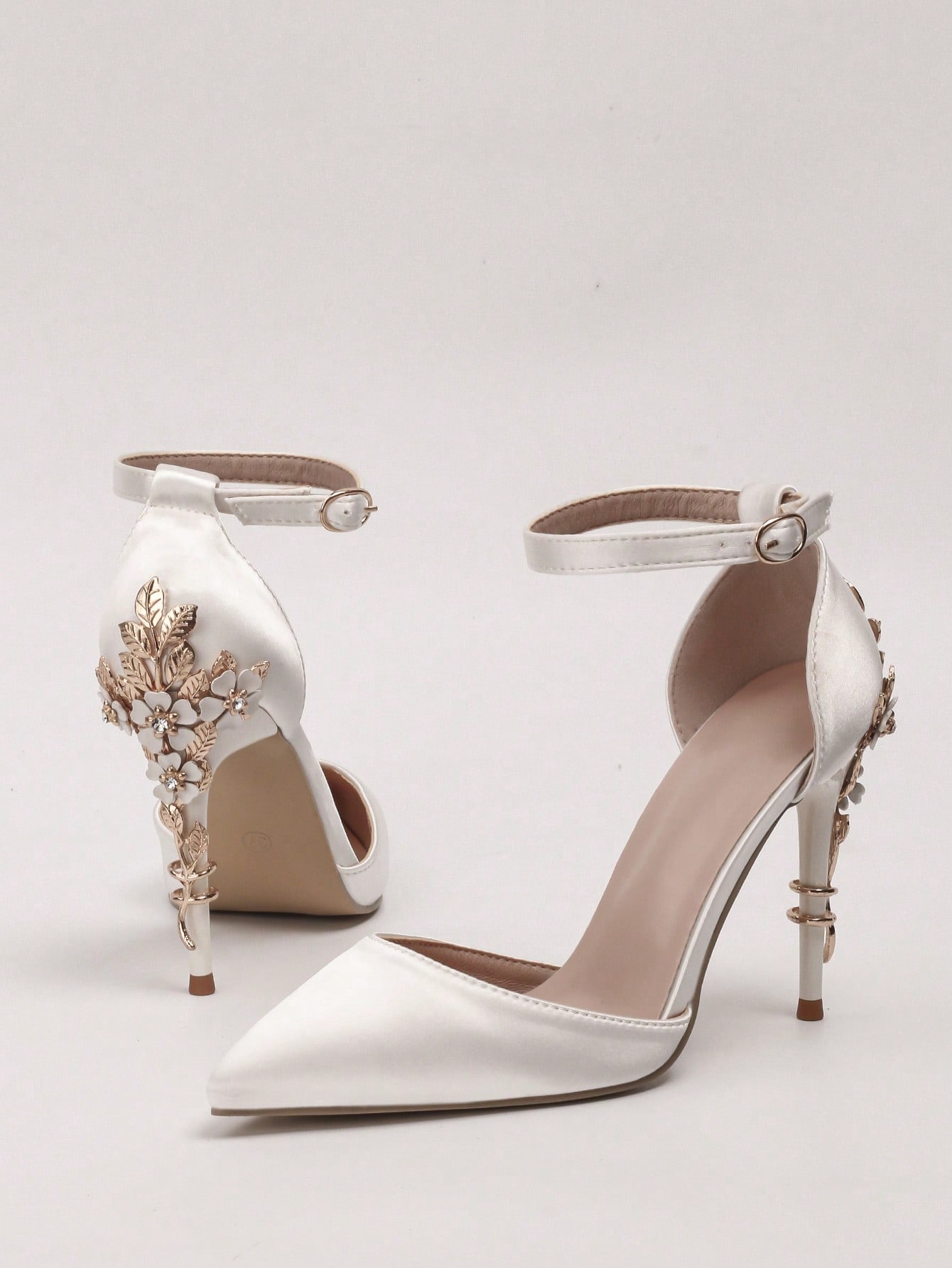 Women Rhinestone & Flower Decor Point Toe Stiletto Heeled Pumps, Fashionable White Elastane Slingback Pumps For Wedding