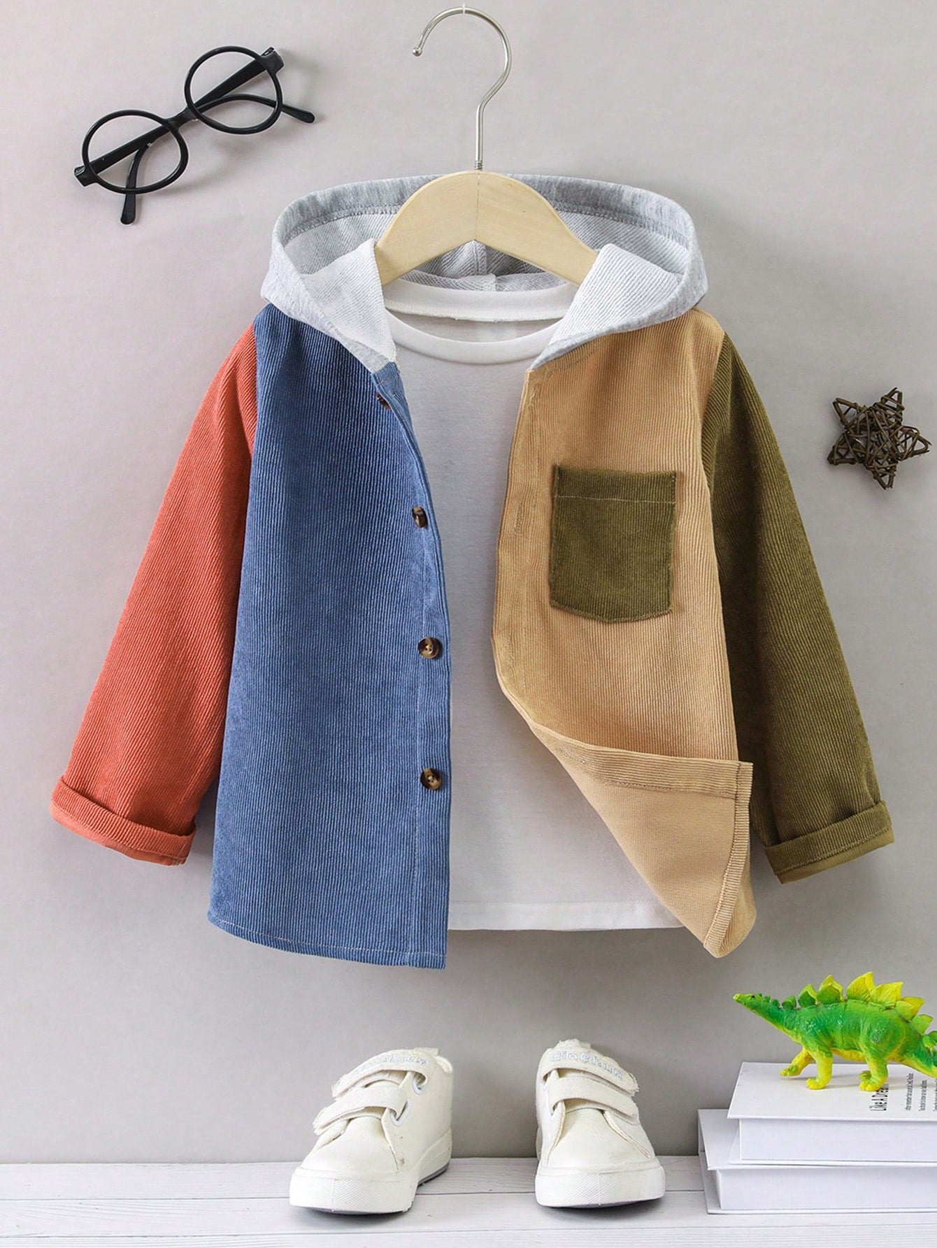 Young Boy Colorblock Patched Pocket Hooded Shirt Without Tee