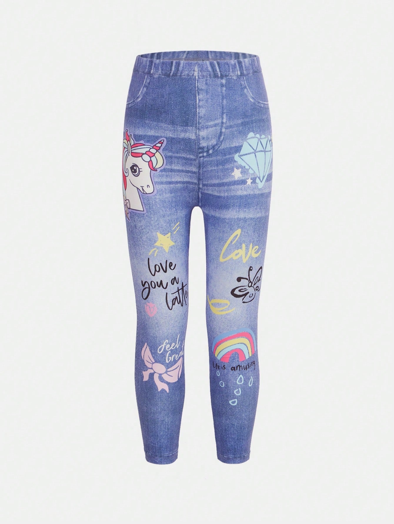 Young Girl Cartoon & Letter Graphic Leggings