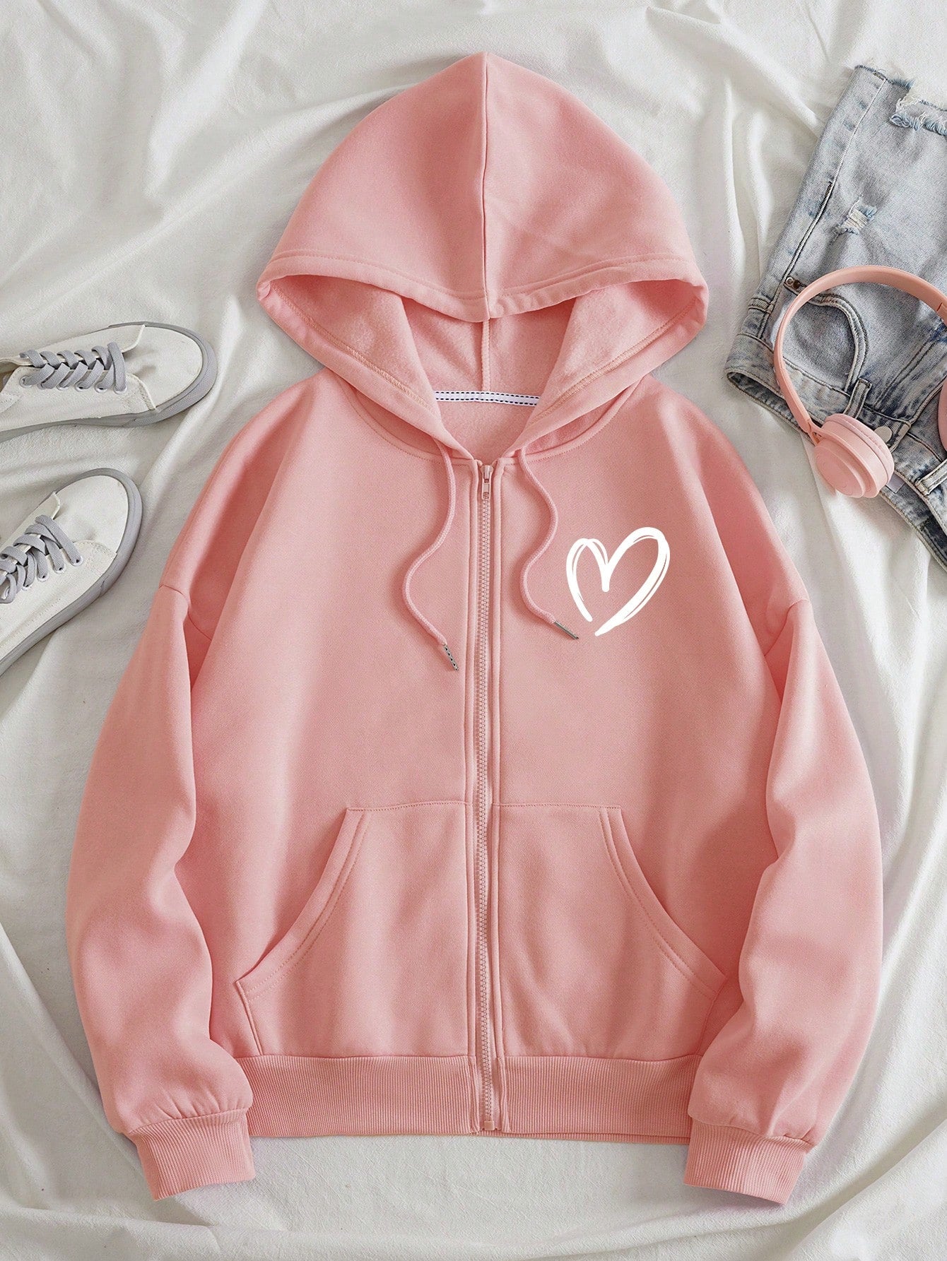 Heart Print Zip Up Drawstring Thermal Lined Hoodie