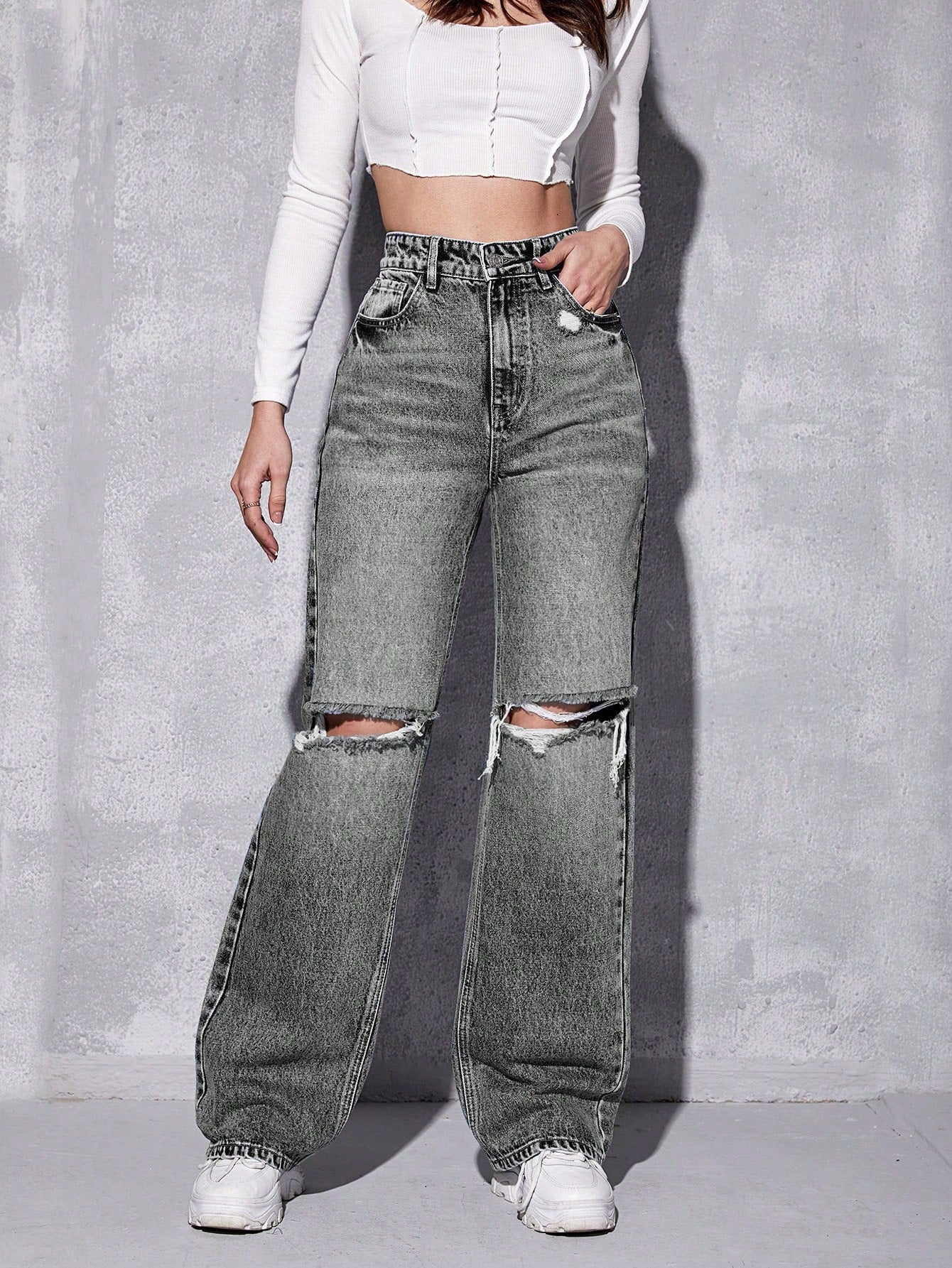 High Waist Ripped Wide Leg Jeans