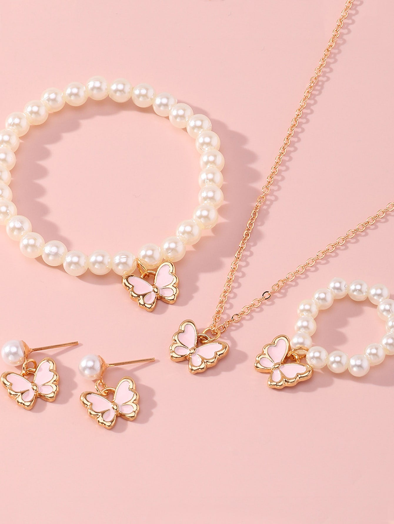 5pcs Kids' Jewelry Set, Including Zinc Alloy Butterfly Shaped Pendant, Pearl Bracelet, Ring, Earrings, And Collarbone Chain