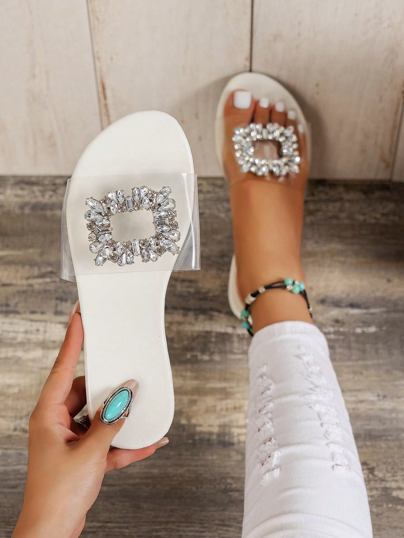 Beach Vacation Rhinestone Square Buckle Silver-Color Transparent Flat Women's Sandals