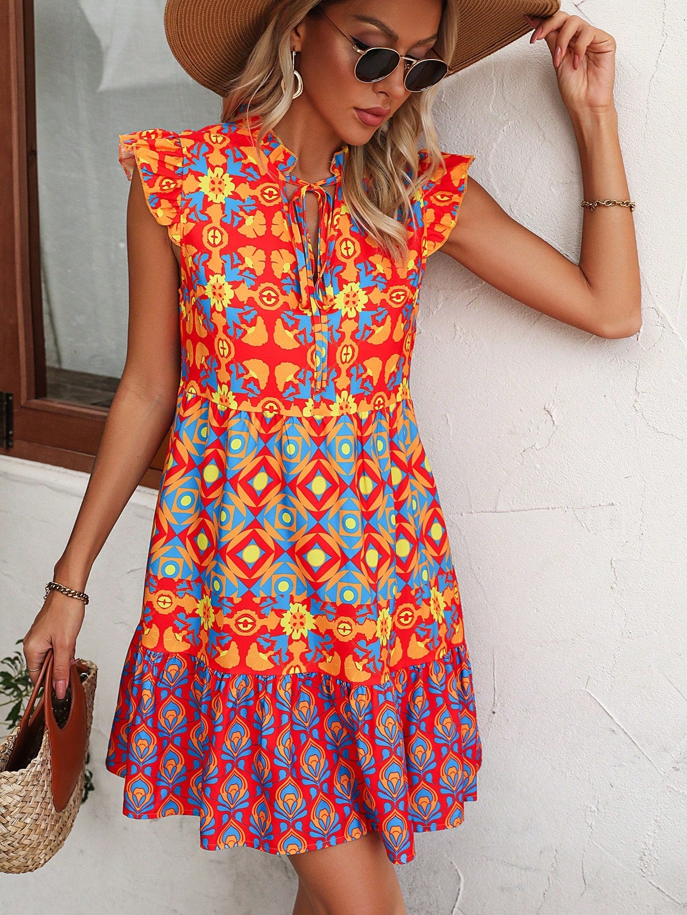 Ladies' Fashionable Cap Sleeve Printed Vacation Style Dress