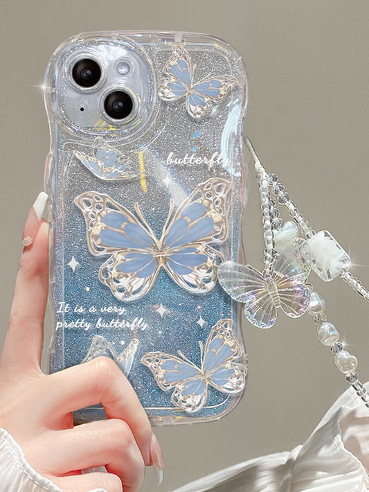 Summer 1pc Blue Ombre Glitter Card Holder + Butterfly Bracelet + Blue Anti-Fall Tpu Phone Case Compatible With Iphone Compatible With IPhone 15/15Pro/15Plus/15Promax Kawaii