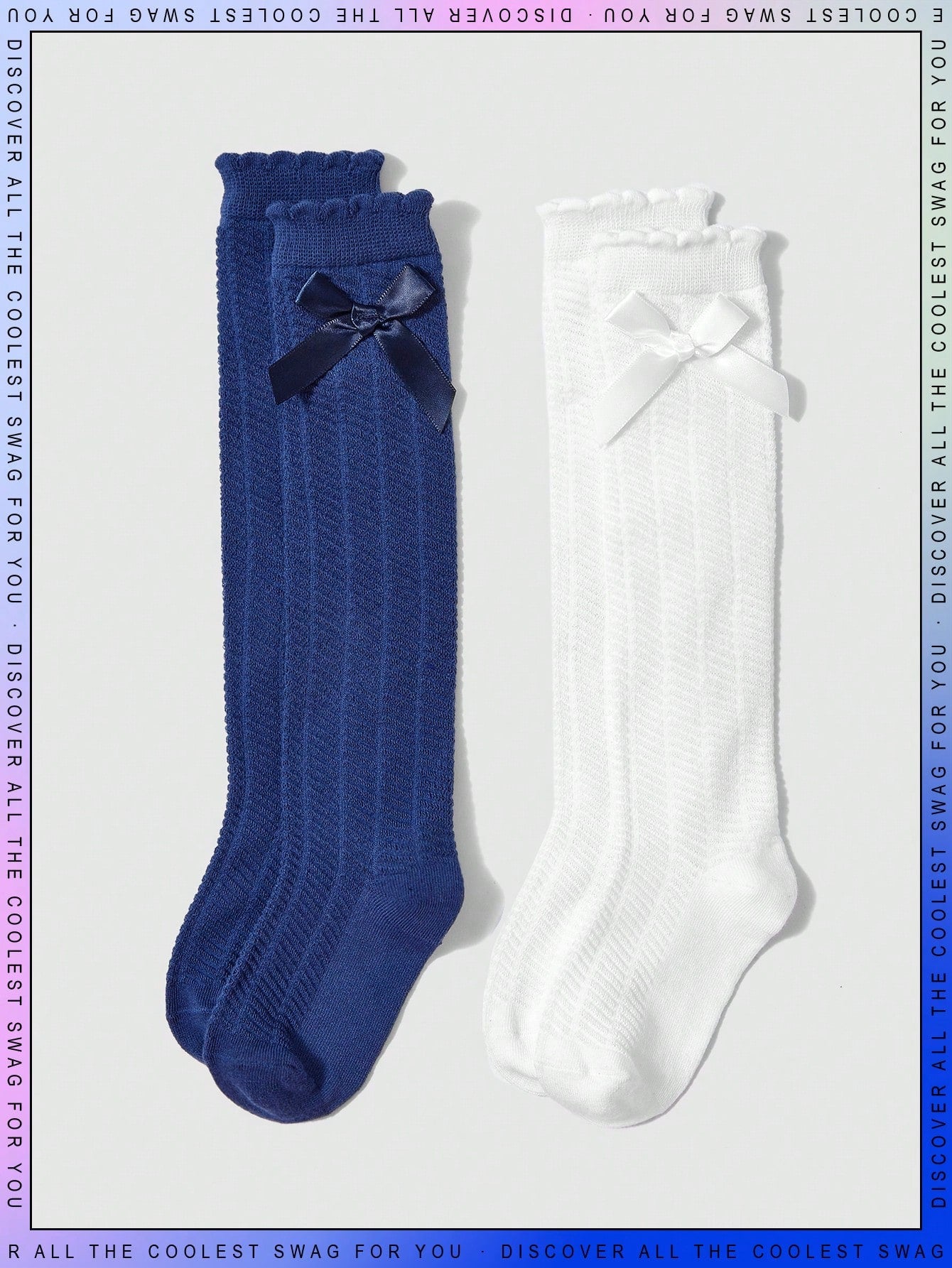 2 Pairs Back To School Season Kids' Knitted Over Knee High Socks With Bowknot Decoration