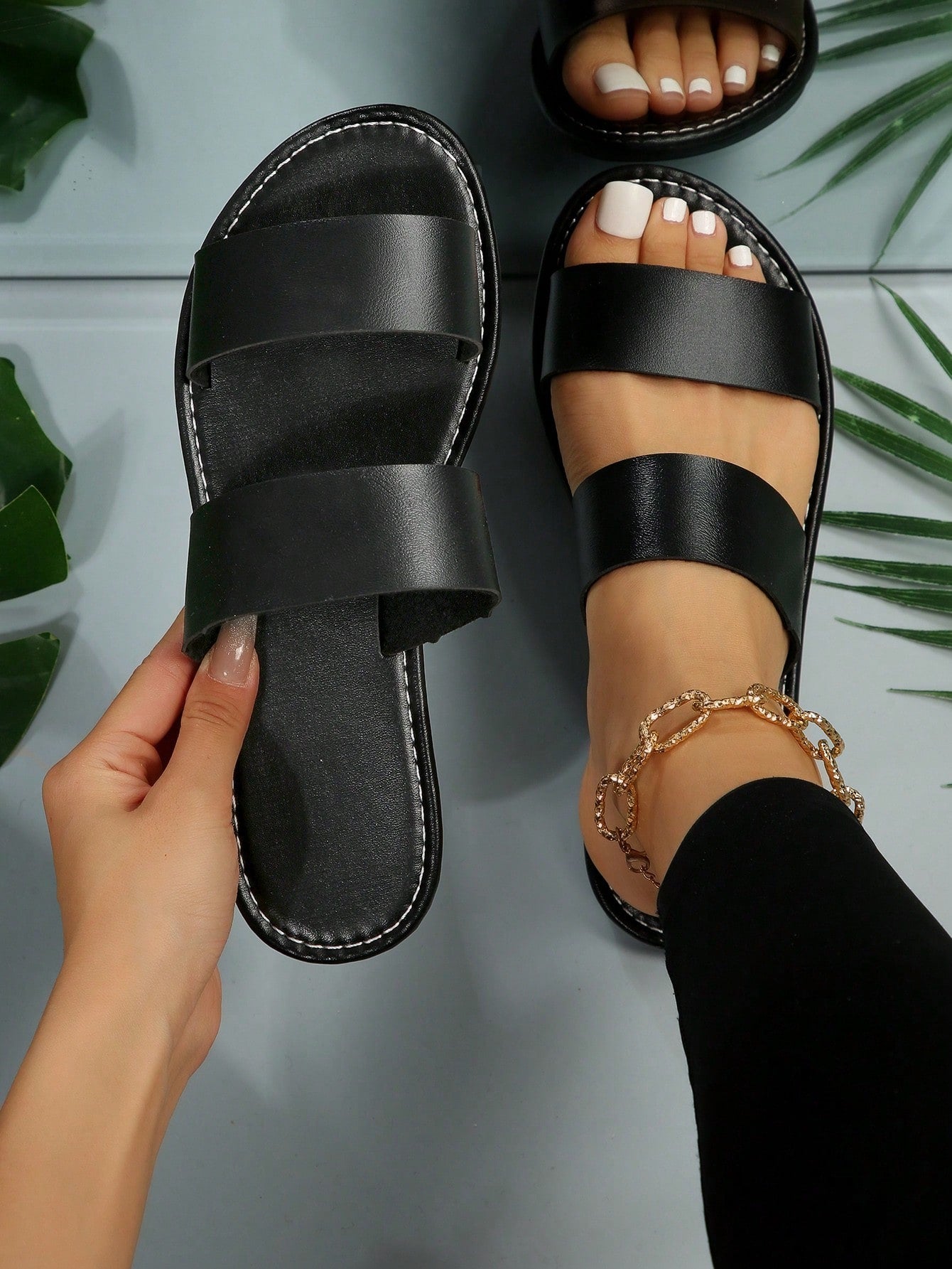 Women Two Part Slide Sandals, Elegant Black Flat Sandals For Summer