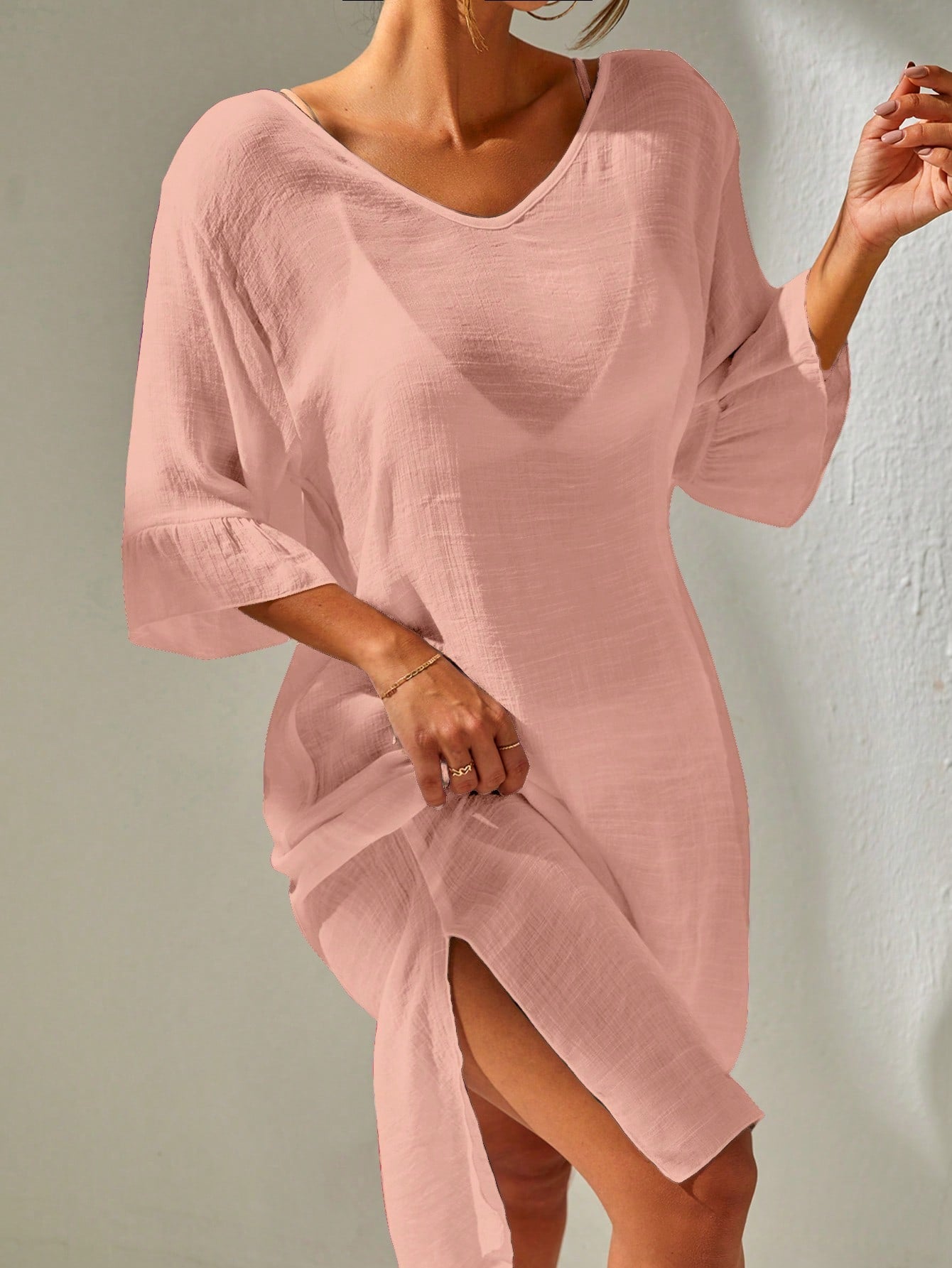 Swim Summer Beach Plain V Neck Cover Up Dress