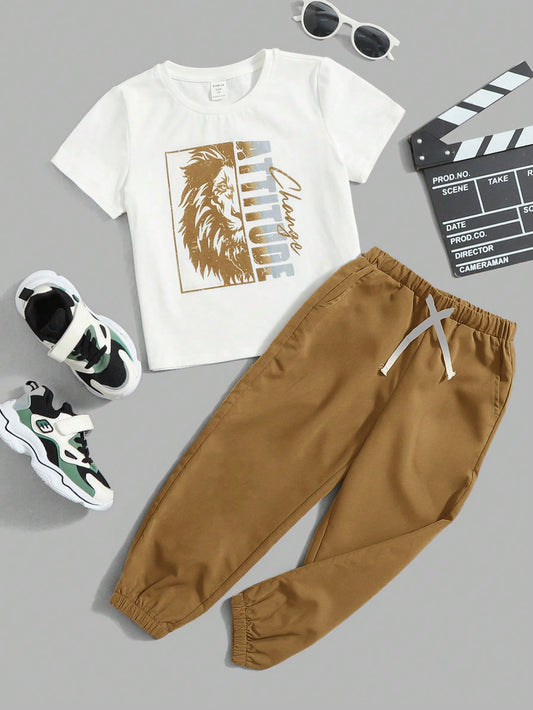 Young Boy Lion & Letter Graphic Tee & Drawstring Waist Pants