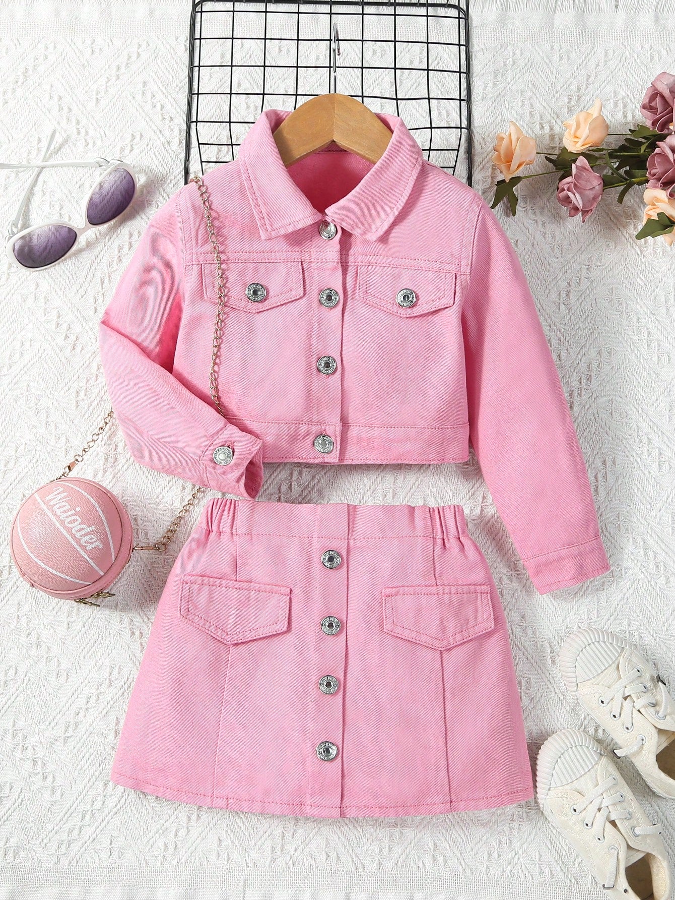 Young Girl Y2K Urban Dopamine Pink Button Fastening Crop Denim Jacket & Skirt Two Pieces Outfits