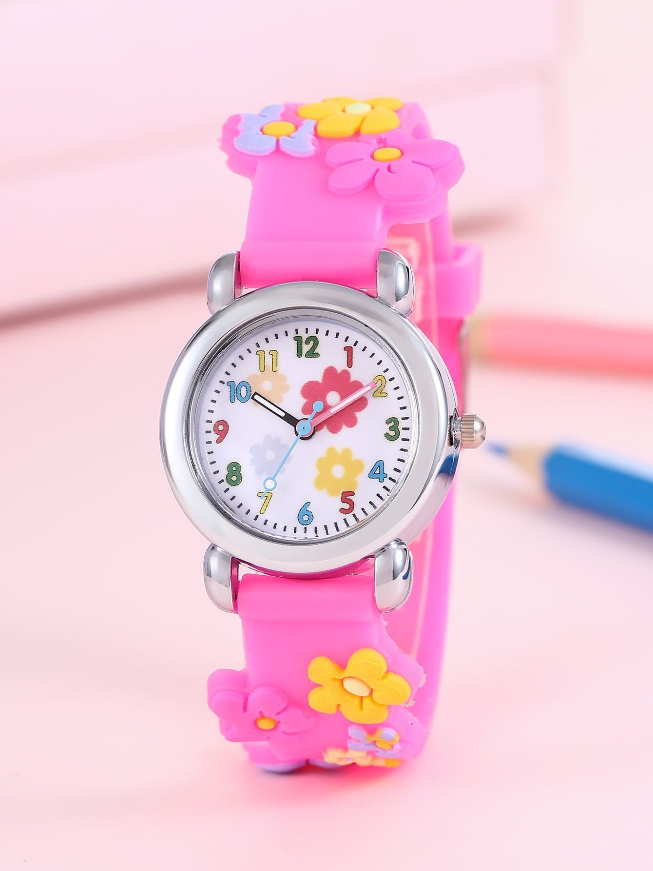 1pc Kids Pink PVC Strap Fashionable Butterfly Pattern Round Dial Quartz Watch, For Daily Decoration