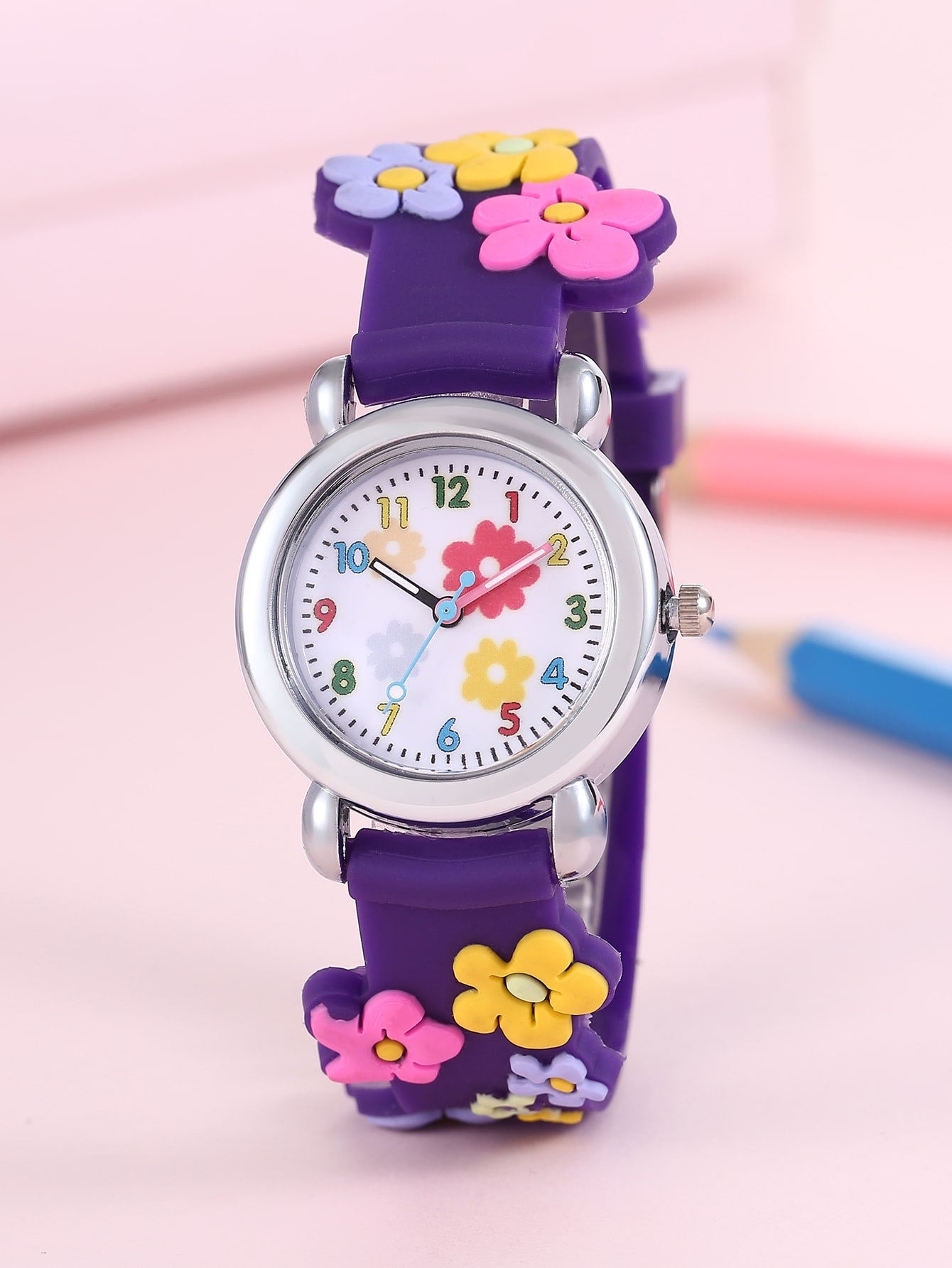 1pc Kids Pink PVC Strap Fashionable Butterfly Pattern Round Dial Quartz Watch, For Daily Decoration