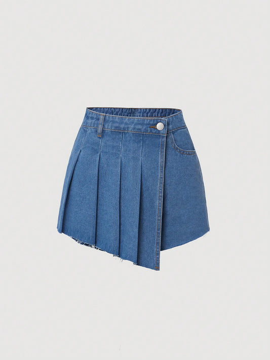 Teen Girl Pleated Panel Asymmetrical Denim Skort