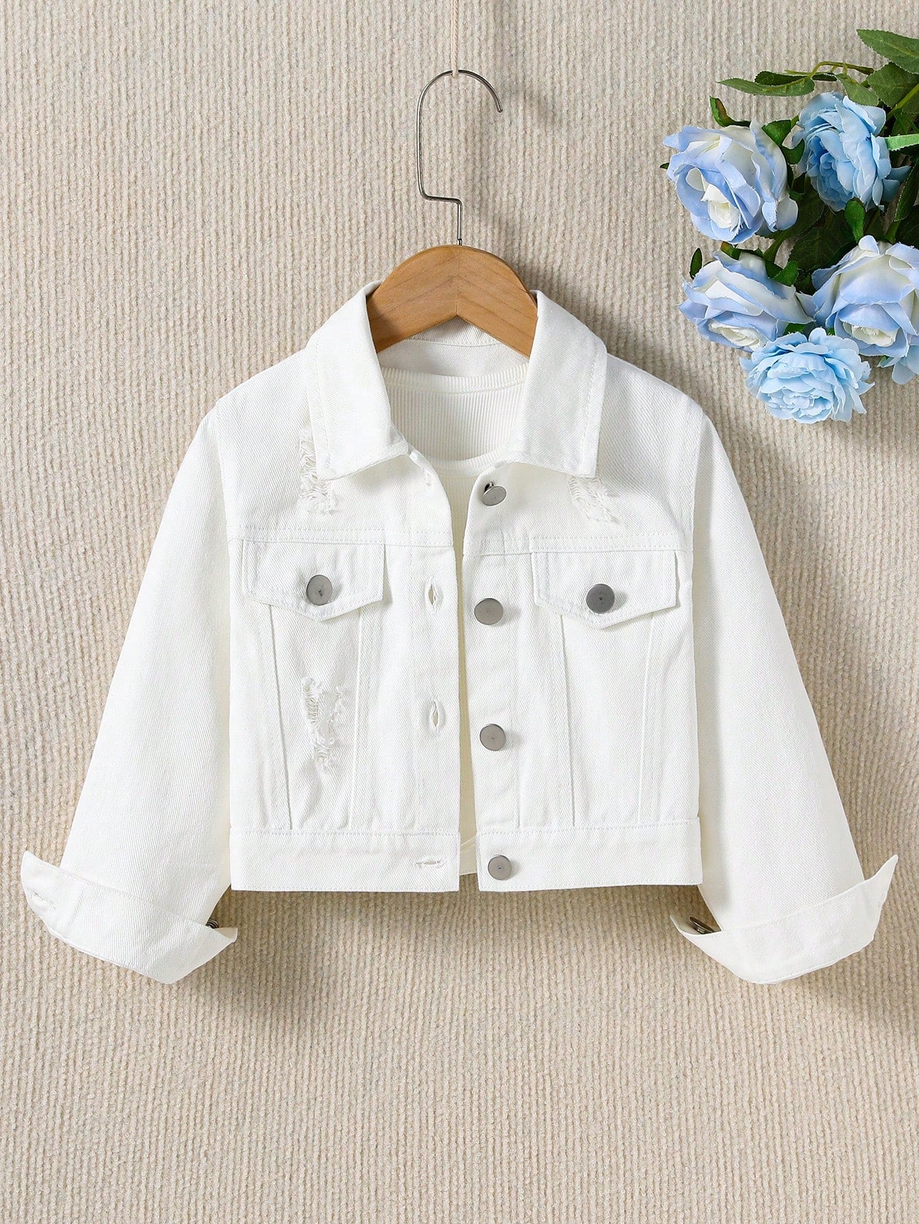 Young Girl Spring & Autumn Casual Fit Long Sleeve Distressed Denim Jacket