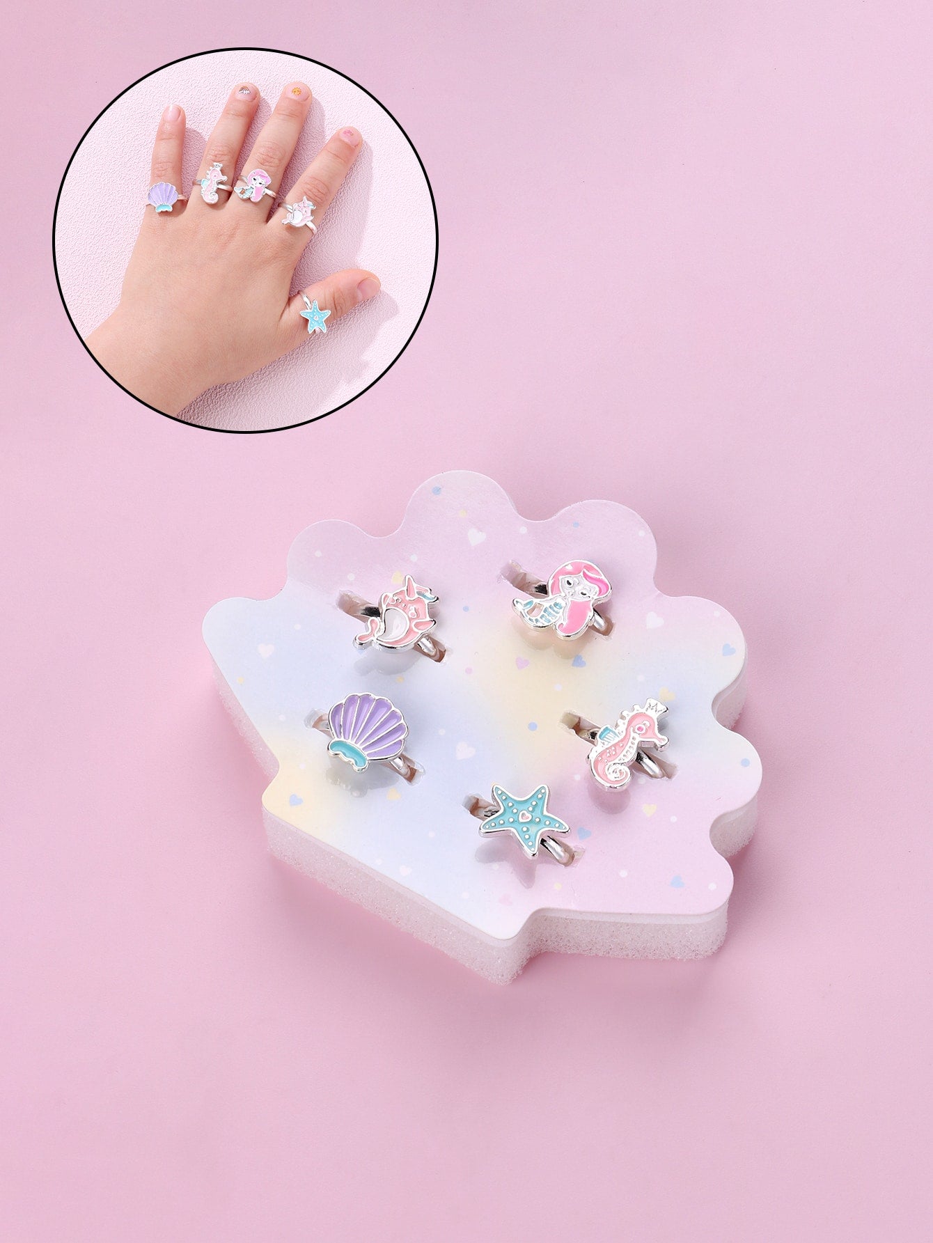 5pcs/set Ocean Themed Zinc Alloy Colorful Resin Girls' Rings With Plastic Box, Featuring Starfish, Seahorse, Mermaid And Shell Design