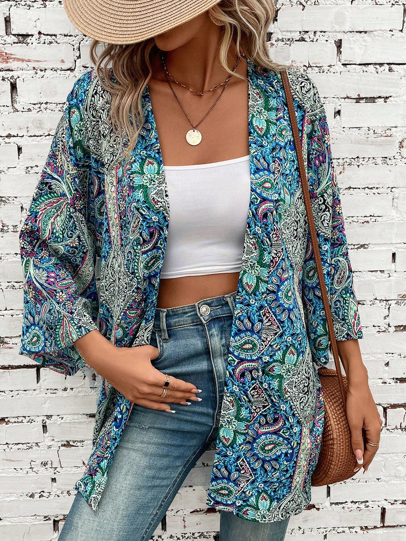 Paisley Print Batwing Sleeve Open Front Kimono