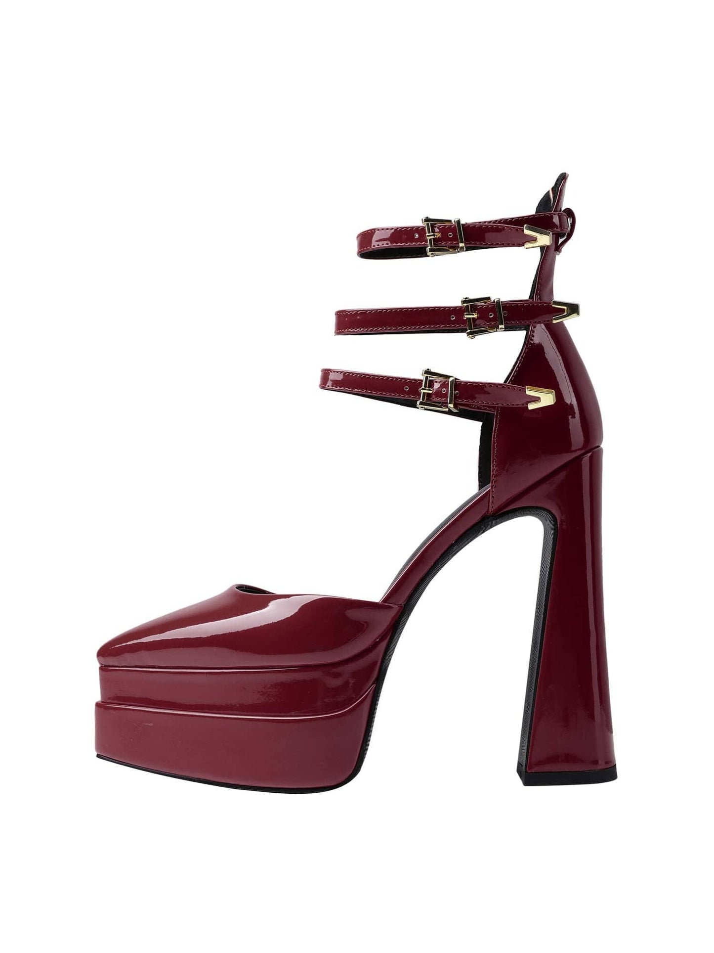 Platform Heels for Women Patent Leather Pointed Toe Chunky High Heels Ankle Buckle Dress Pumps