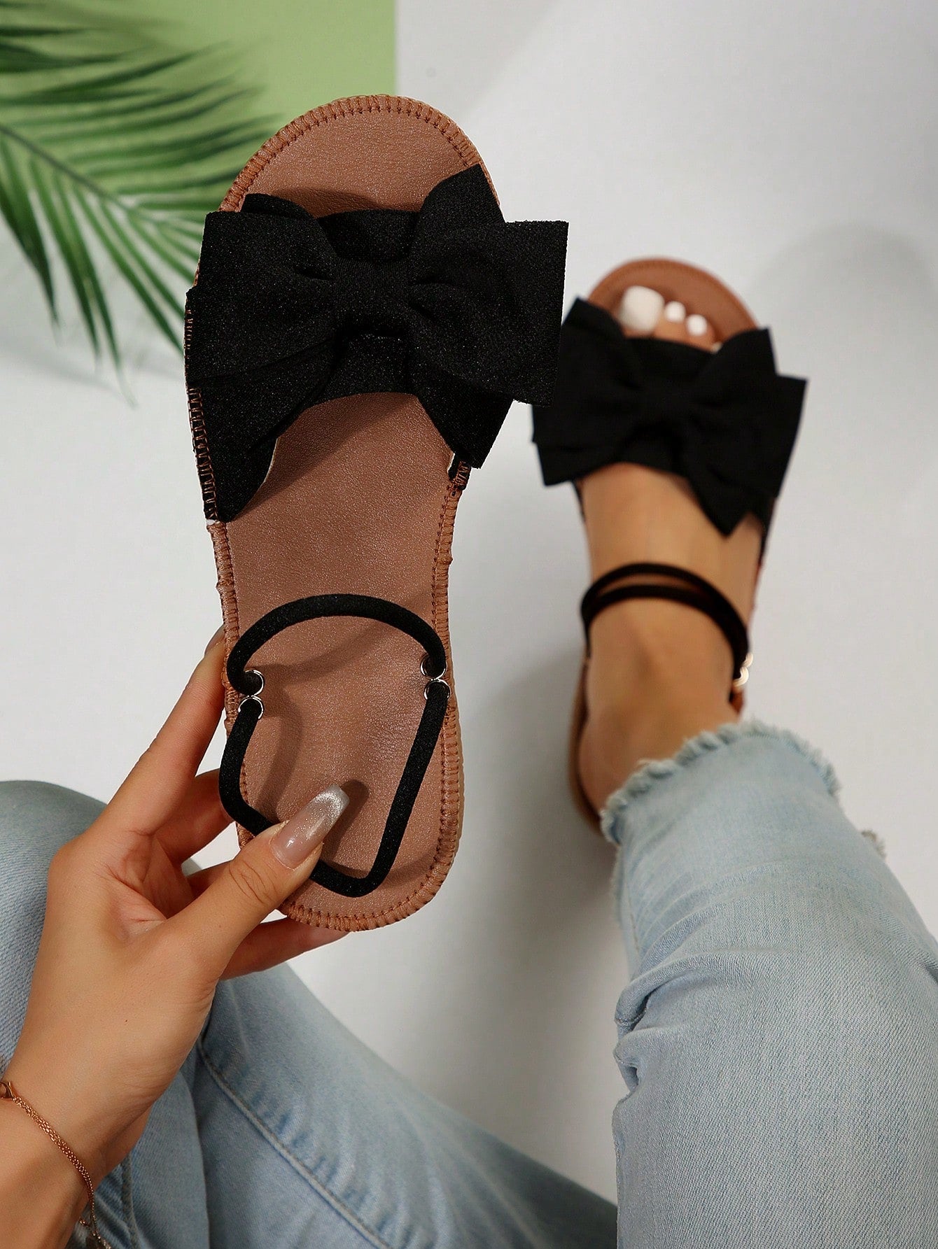 Women Anti-slip Bow Decor Flat Sandals, Vacation Summer Polyester Slide Sandals