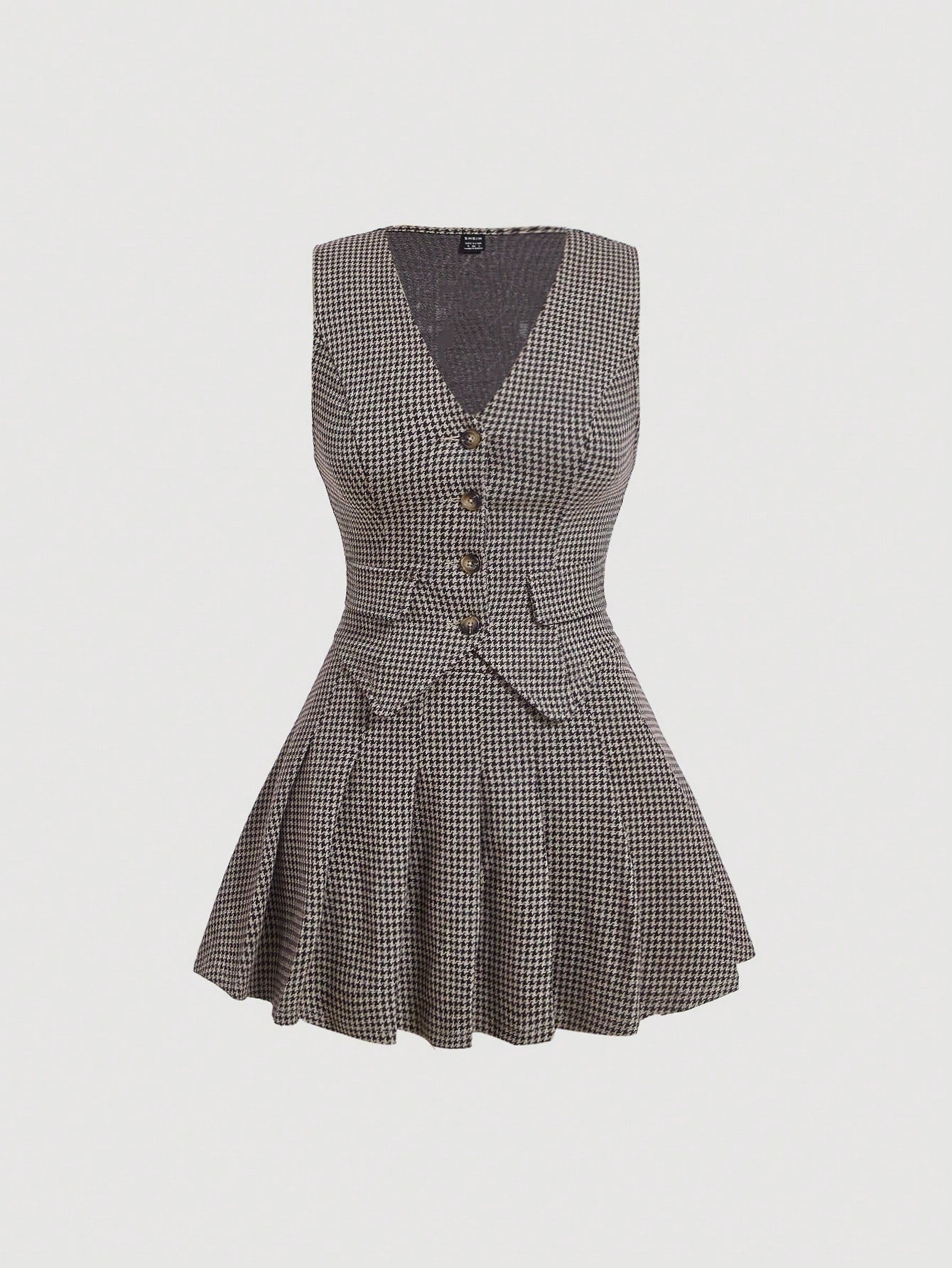 Houndstooth Print Button Front Vest Blazer & Pleated Skirt