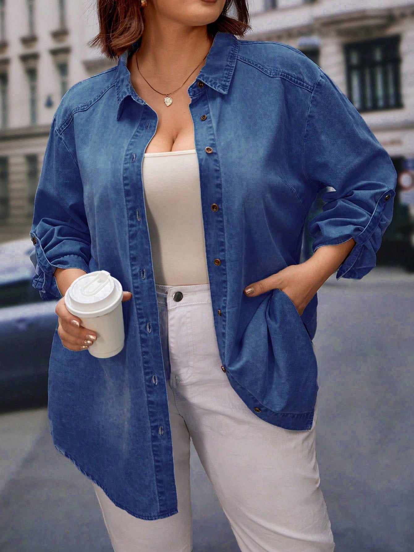 Plus Size Solid Color Denim Shirt With Front Buttons And Lapel Collar