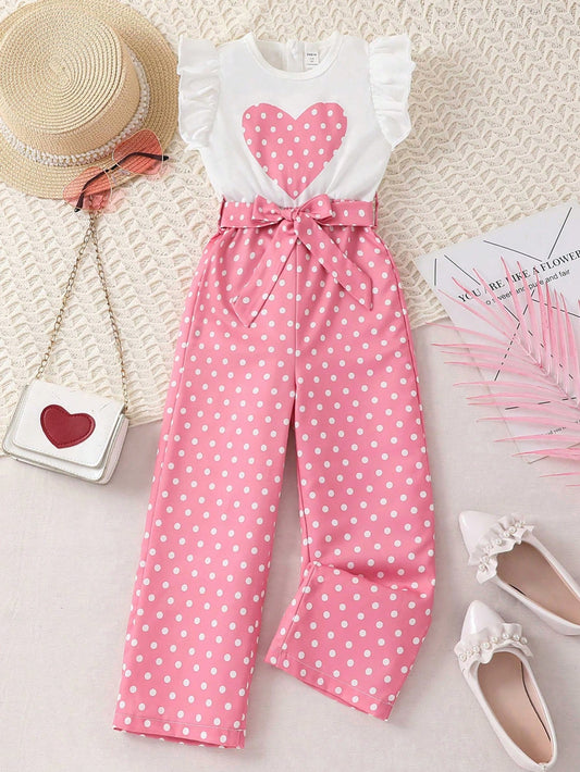 Young Girl Heart Print Ruffle Trim Belted Jumpsuit