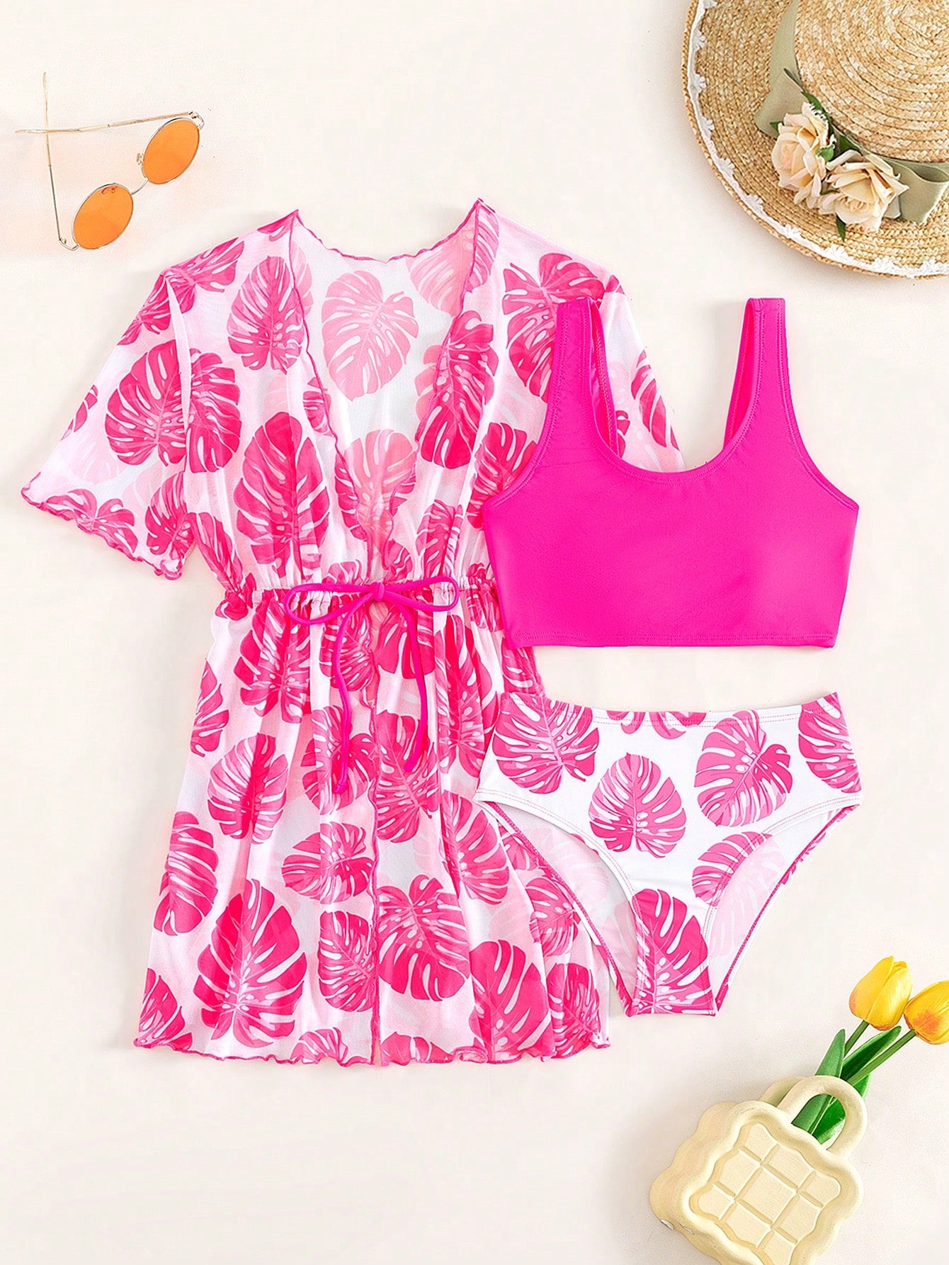 Tween Girl Tropical Print Bikini Set With Kimono Summer Beach