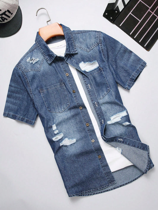 Men Ripped Frayed Denim Shirt Without Tee