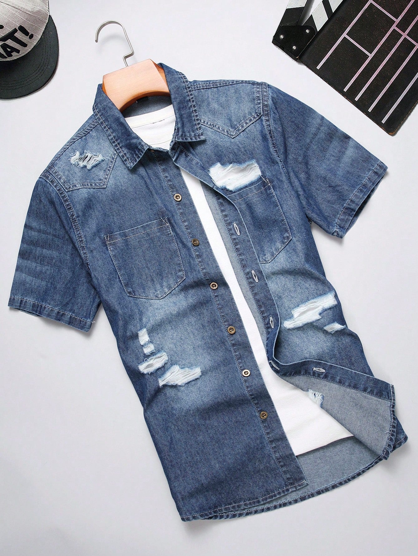 Men Ripped Denim Shirt Without Tee