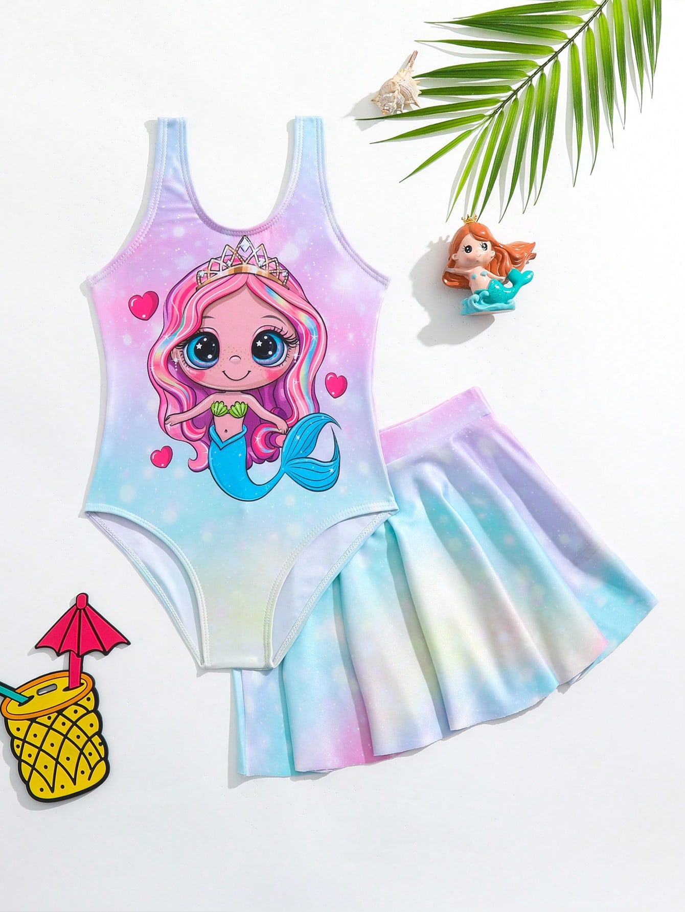 Young Girls' Cartoon Mermaid Pattern Sleeveless One-Piece Swimsuit With Cover-Up Skirt