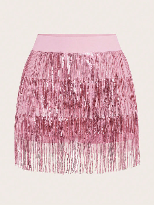 Summer Spring Outfits Music Festival & Party Outfits Ladies" Two-Tone Fringed Sequined Multi-Piece Short Skirt