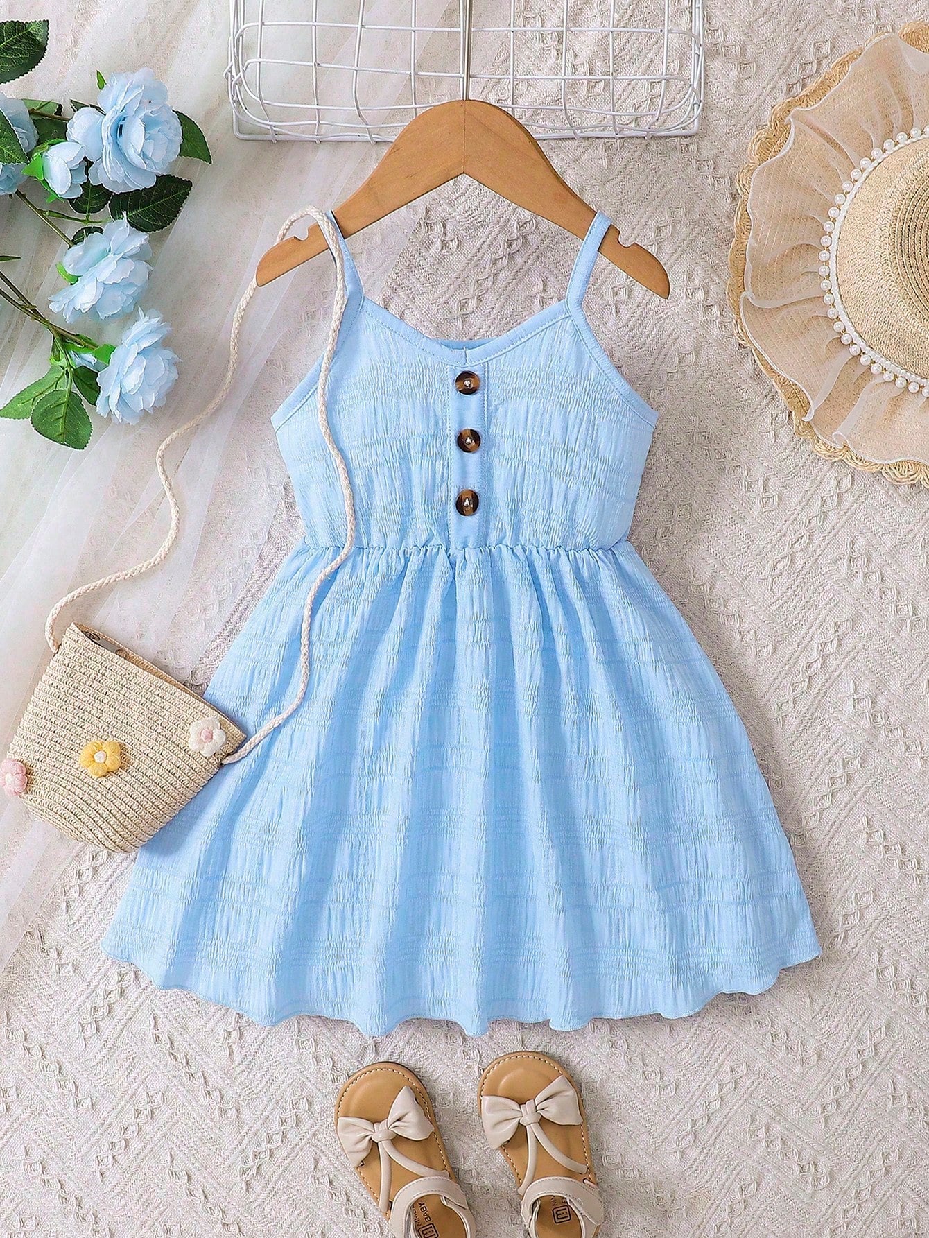 Young Girl Blue Spring Style V-neck Spaghetti Strap Dress With Rolled Edge And Gathered Waist, Summer