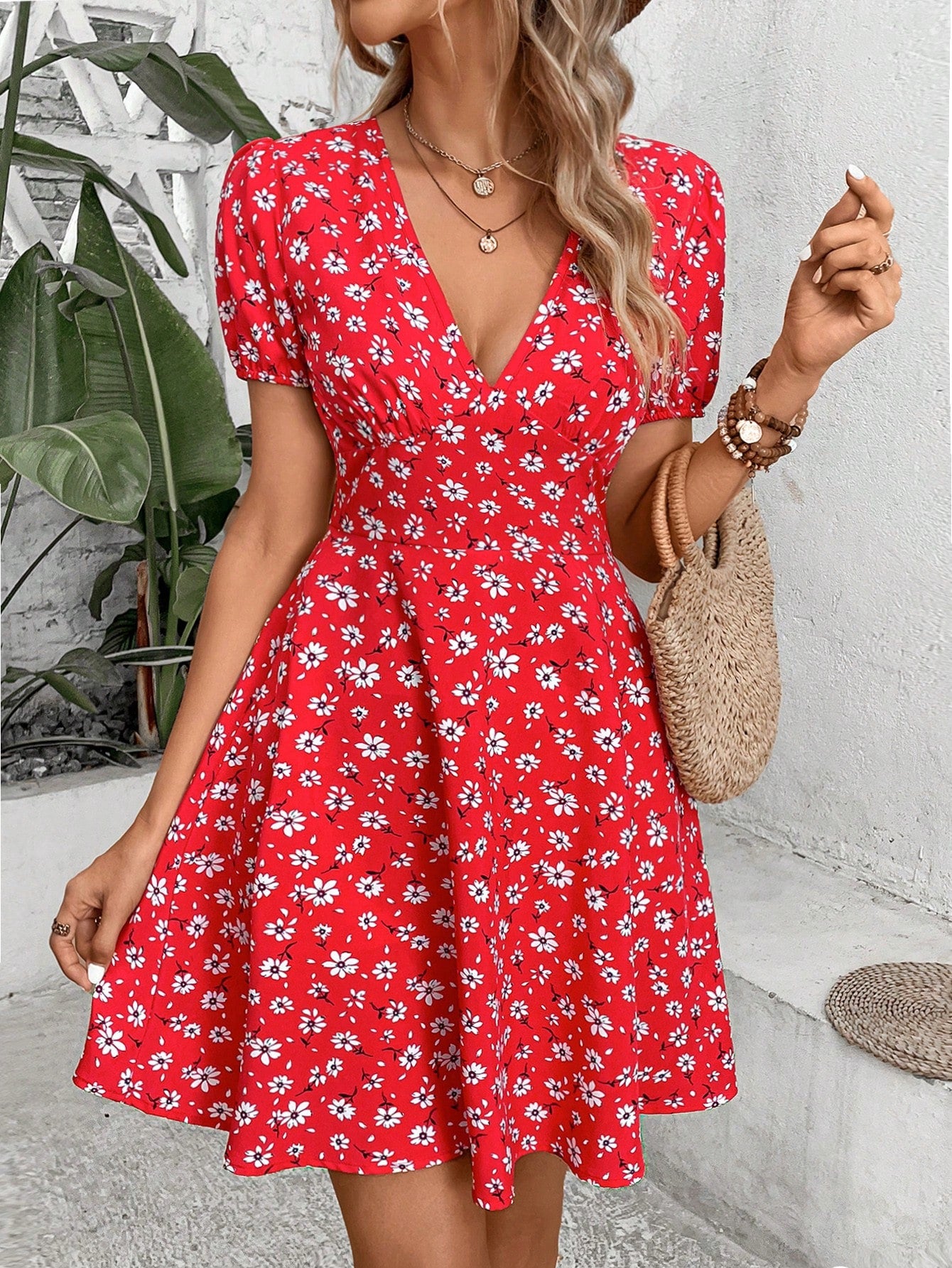 Allover Floral Print Puff Sleeve Dress