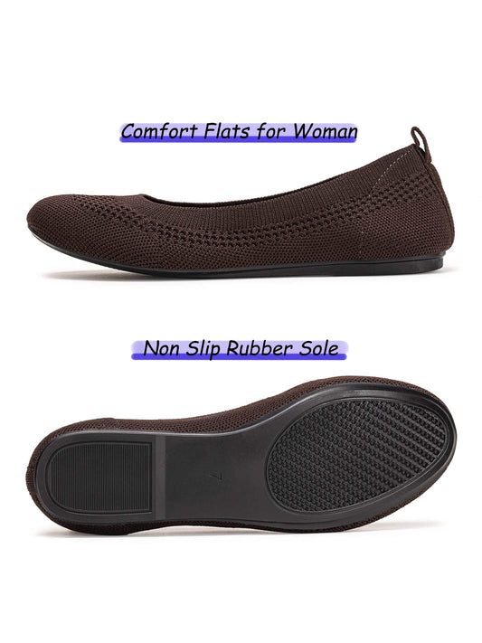 Frank Mully Ballet Flats for Women Soft Slip On Flat Shoes Knit Round Toe Work Flat Mesh Woman Walking Shoes Comfortable Casual