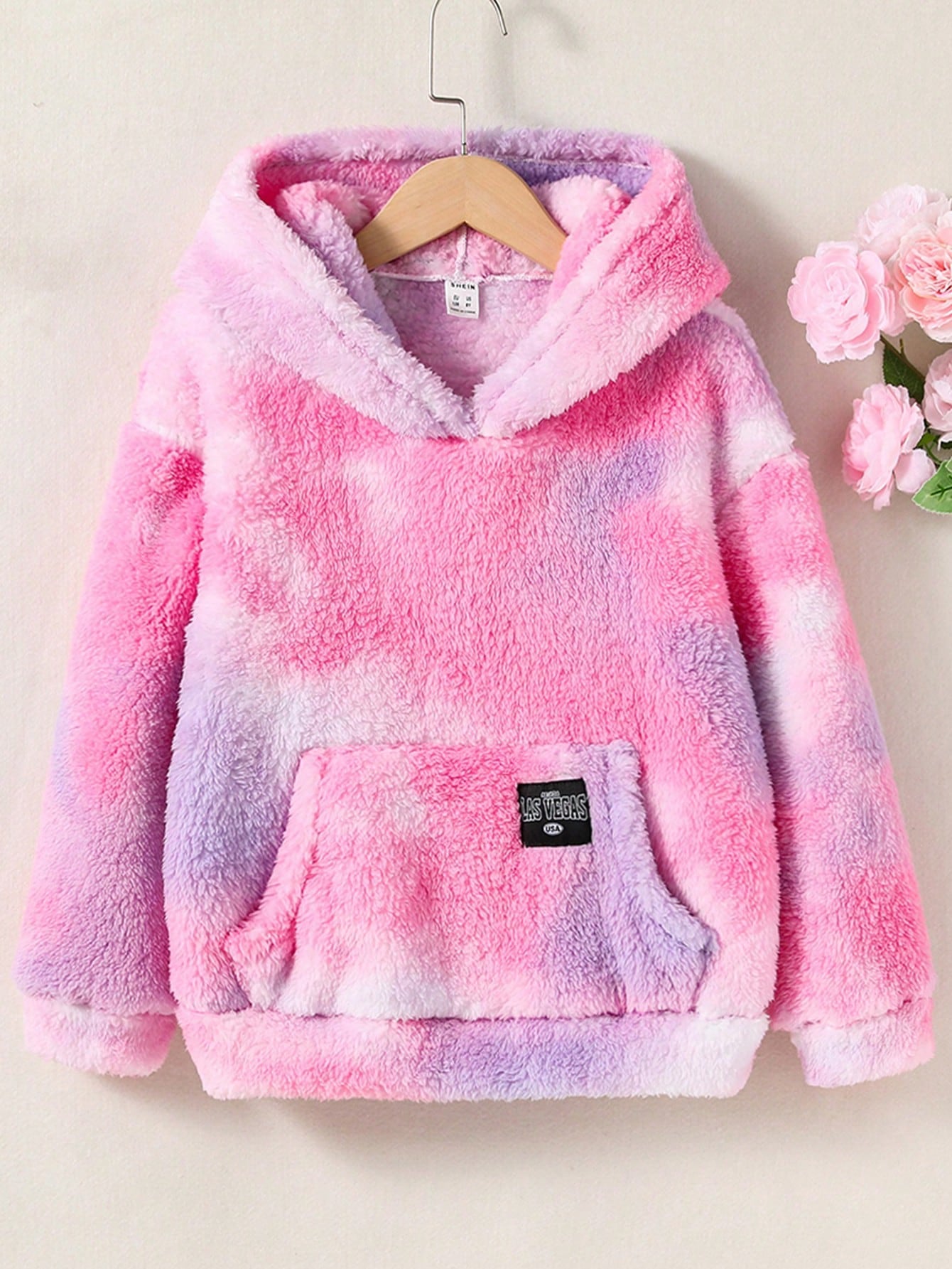 Tween Girl Tie Dye Letter Patched Detail Kangaroo Pocket Drop Shoulder Teddy Hoodie