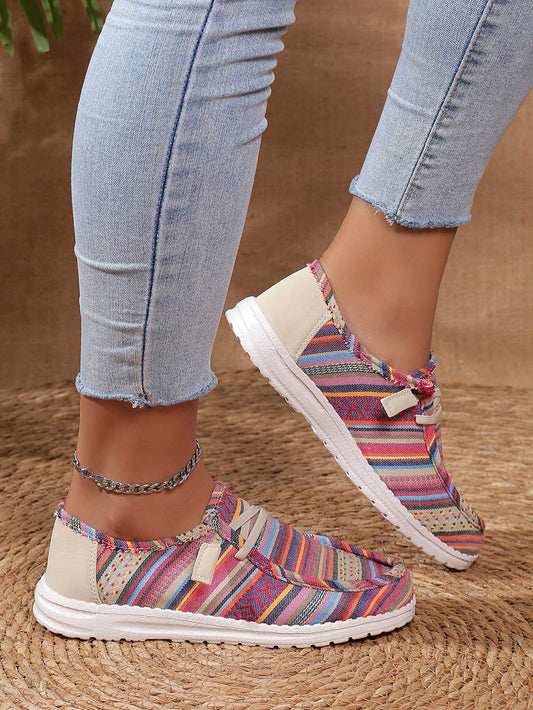 Sporty Outdoor Sneakers For Women, Striped Pattern Lace Up Design Slip On Shoes