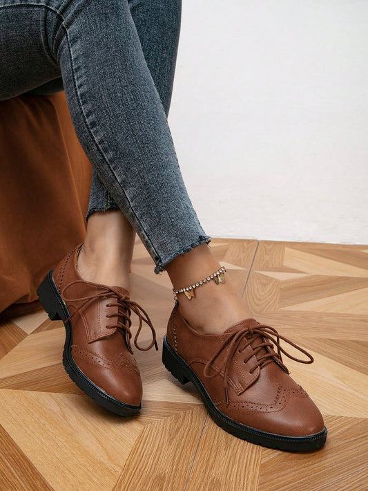 Women's British Carved Small Pu Leather Shoes Flat Lace-Up Shoes, Brown Flat Shoes