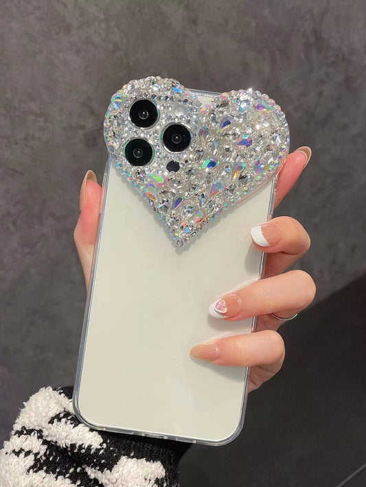 Y2k Rhinestone Decor Heart-Shaped Clear Phone Case With Colored Rhinestone Decors Shockproof Cover