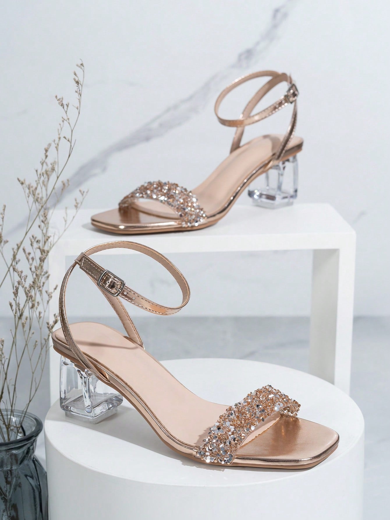 Fashionable Crystal-embellished High-heeled Sandals With Rhinestones For Women